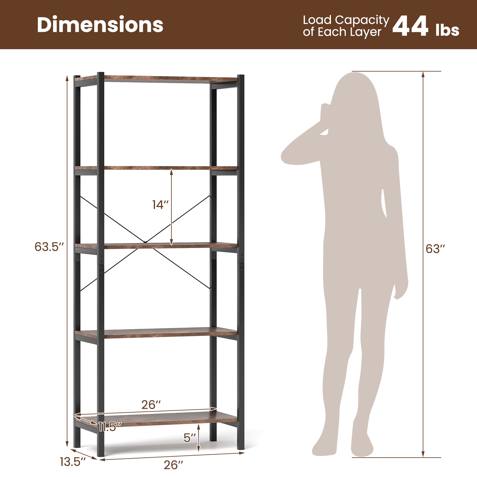 SUGIFT 5-Tier Industrial Bookshelf 63.5 with Back X-Brace Steel Frame
