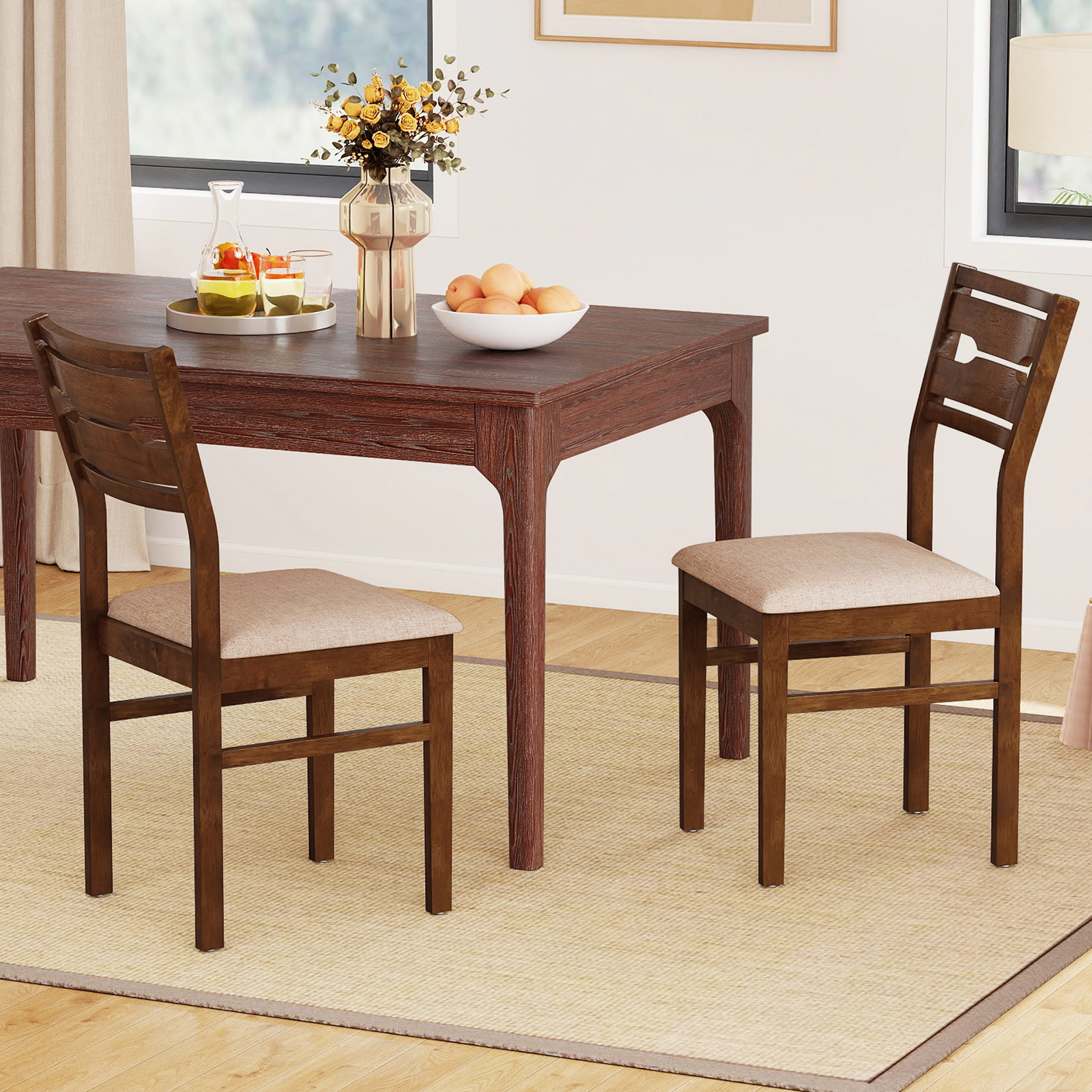 SUGIFT Rubber Wood Frame Dining Chair Set of 2 or 4 with Padded Polyester Seat 285-lb Capacity Deep Brown+Light Brown