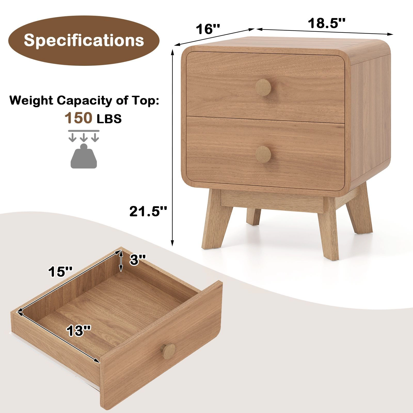 SlickBlue Modern 2-Drawer Nightstand with Solid Rubber Wood Legs