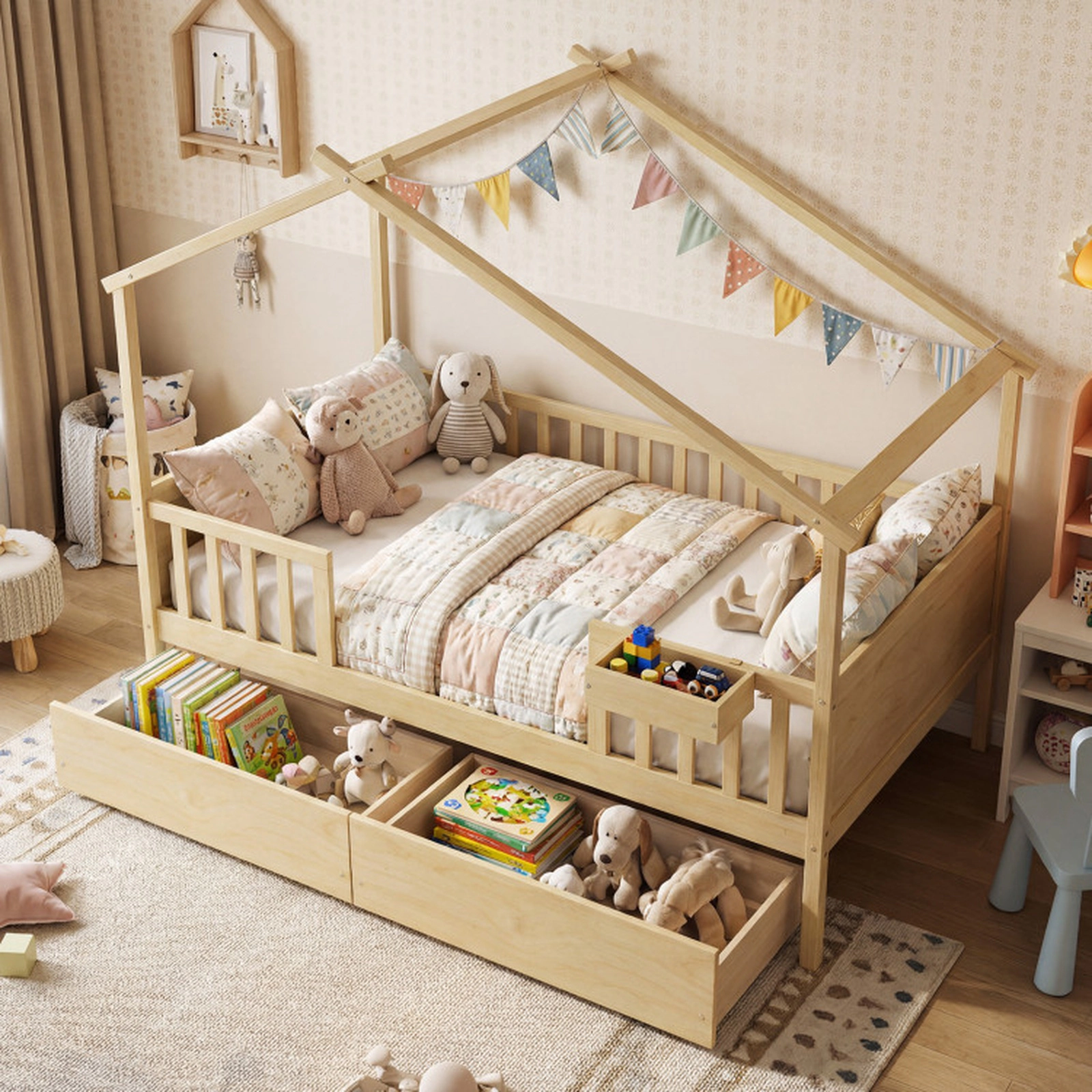 SUGIFT Natural Roof Fence Rails and 2 Drawers Full Size Kids Wooden House Bed