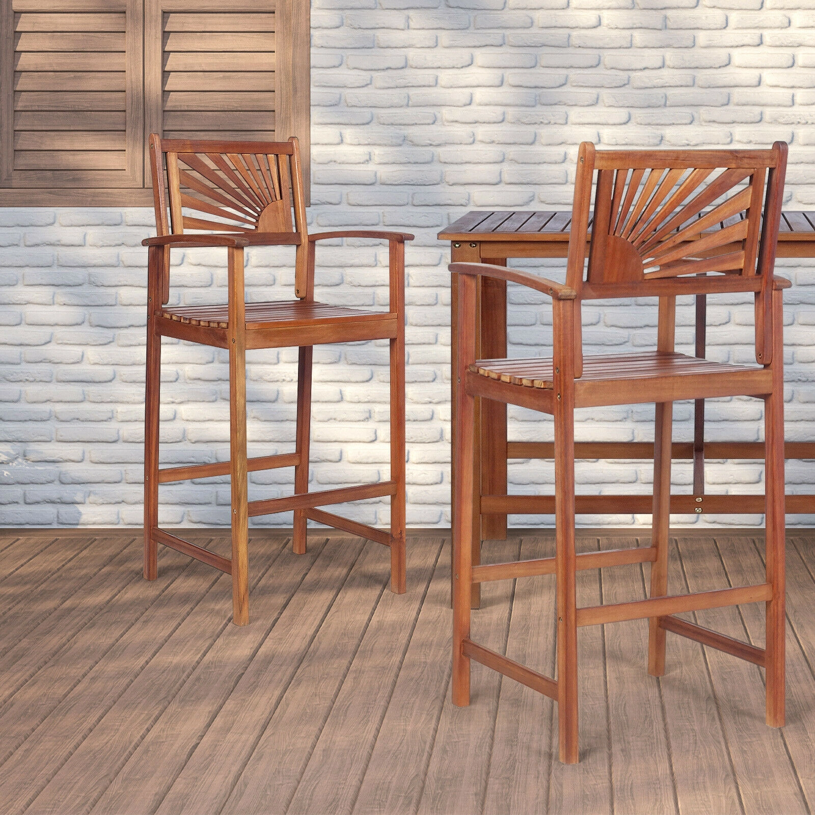 LJG 2 Pieces Outdoor Acacia Wood Bar Chairs with Sunflower Backrest and Armrests