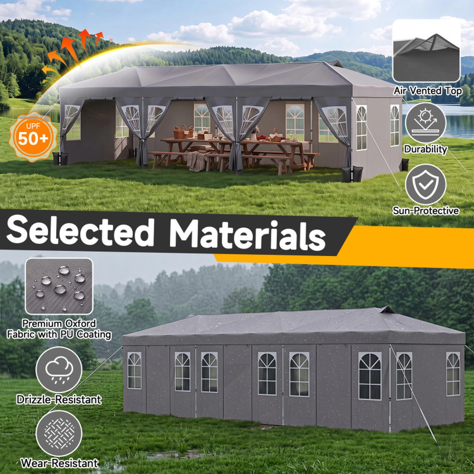 SUGIFT Pop Up Canopy Tent with 8 Sidewalls and Adjustable Height 10 x 30-ft Gray