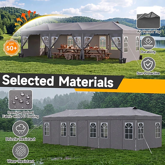 SUGIFT Pop Up Canopy Tent with 8 Sidewalls and Adjustable Height 10 x 30-ft Gray
