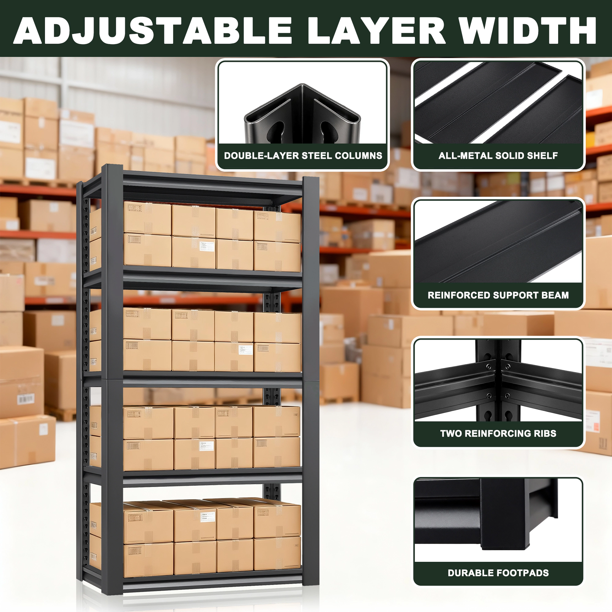 Flynama 72" H 5-Tier Metal Shelves, 2000lb, Black, Garage/Industrial Storage