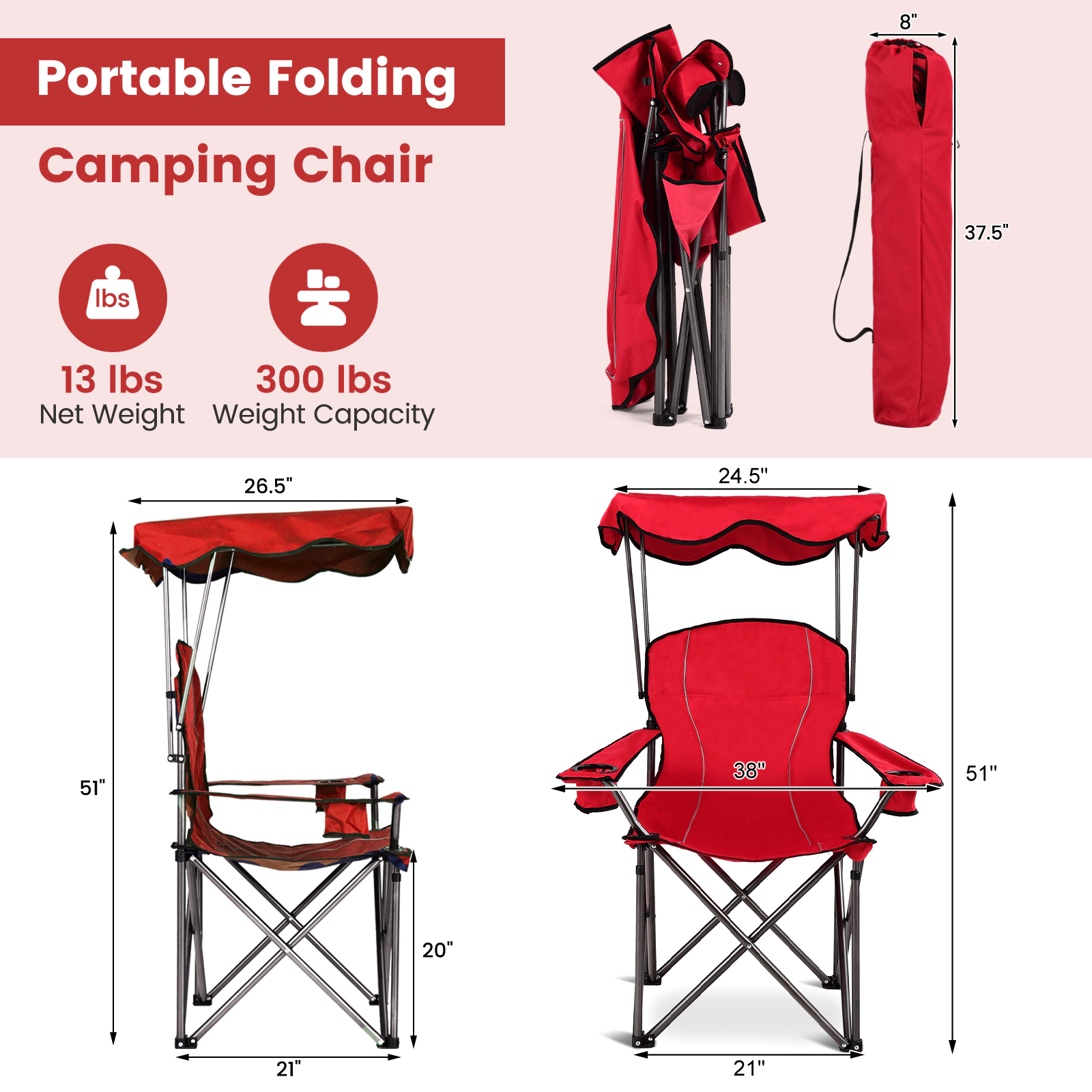 SUGIFT 265-lb Capacity Heavy-Duty Portable Folding Beach Canopy Chair with 2 Cup Holders and Antiskid Pads