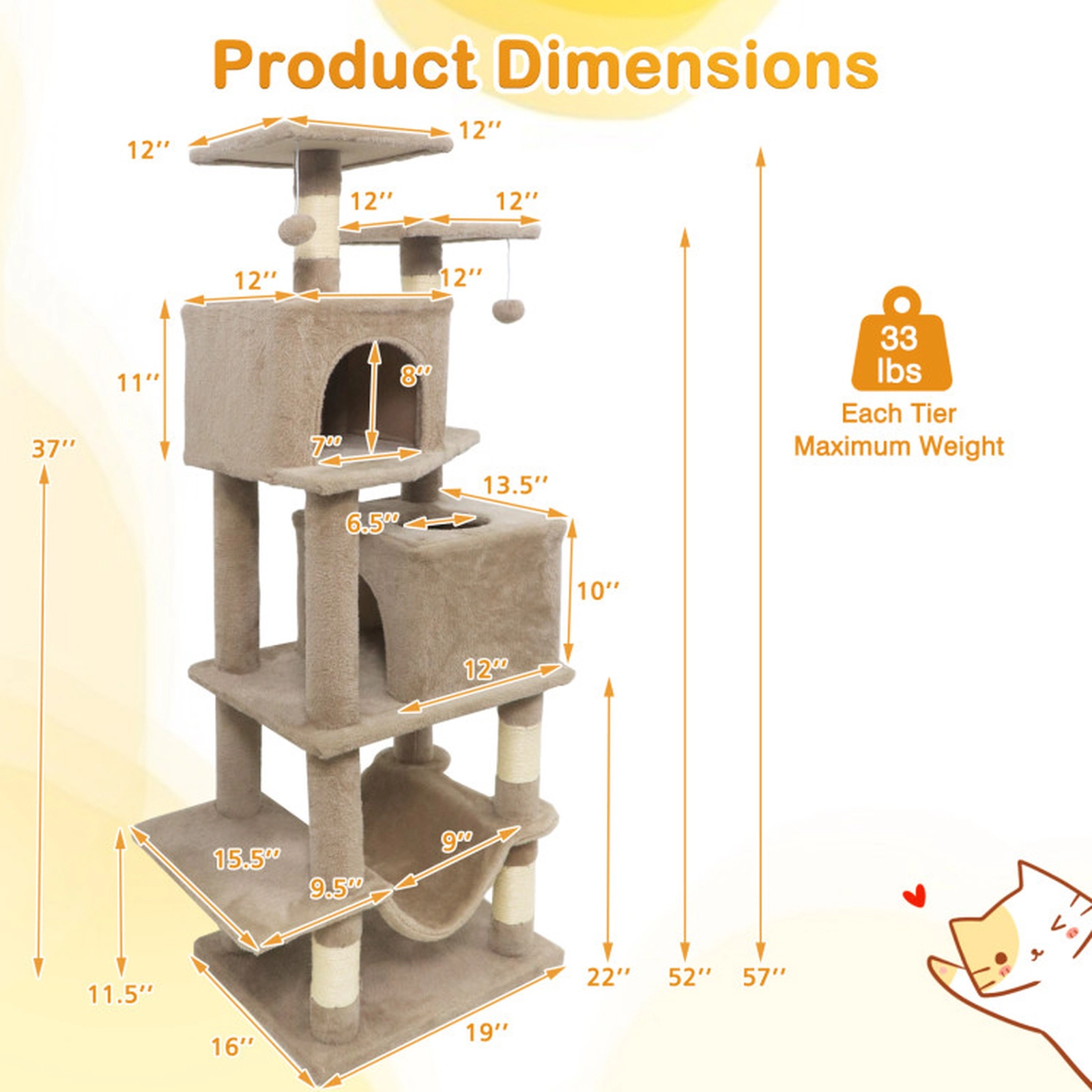 SUGIFT 57 Cat Tree with Dual Condos Hammock and 2 Dangling Balls