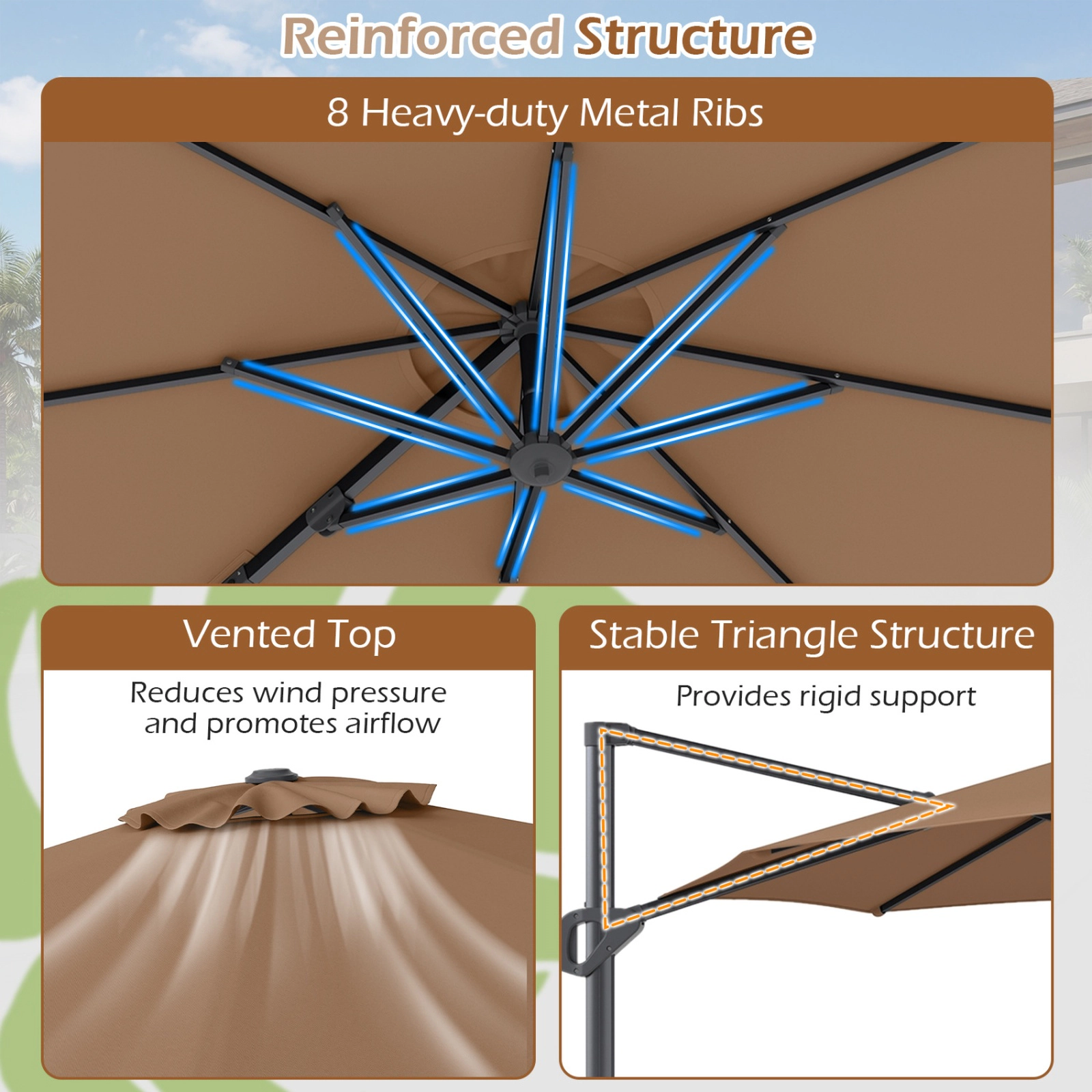 SUGIFT 10-ft Brown Cantilever Patio Umbrella with 360-Degree Rotation, Crank Lift and Push-Button Tilt