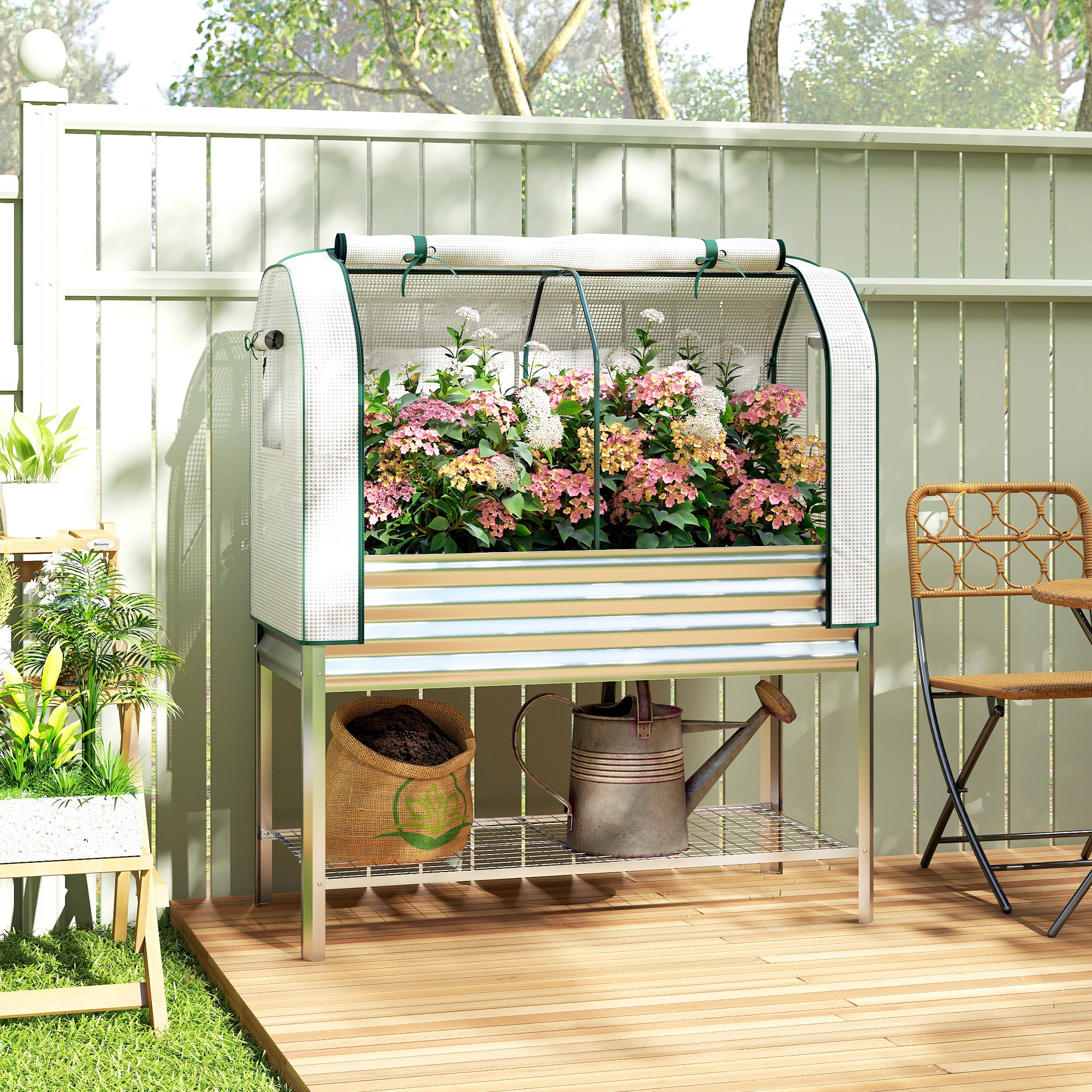 HONGGE Galvanised Raised Garden Bed with Greenhouse Cover, Metal Elevated Garden Bed with Bed Liner, Bottom Shelf