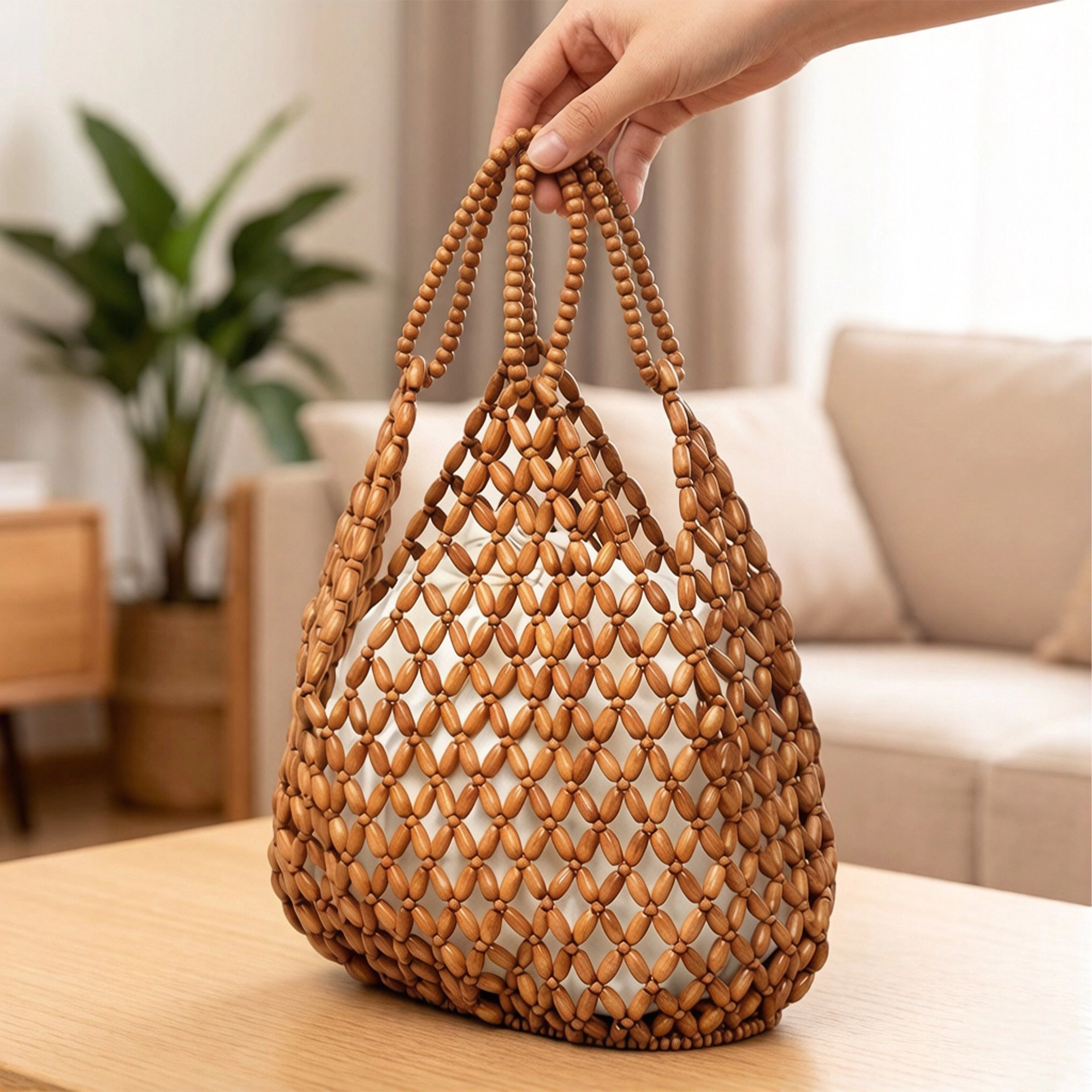Alilang Women's Wooden Beaded Tote Bag with Inner Pouch Handmade Open Weave Shoulder Handbag Lightweight Carryall