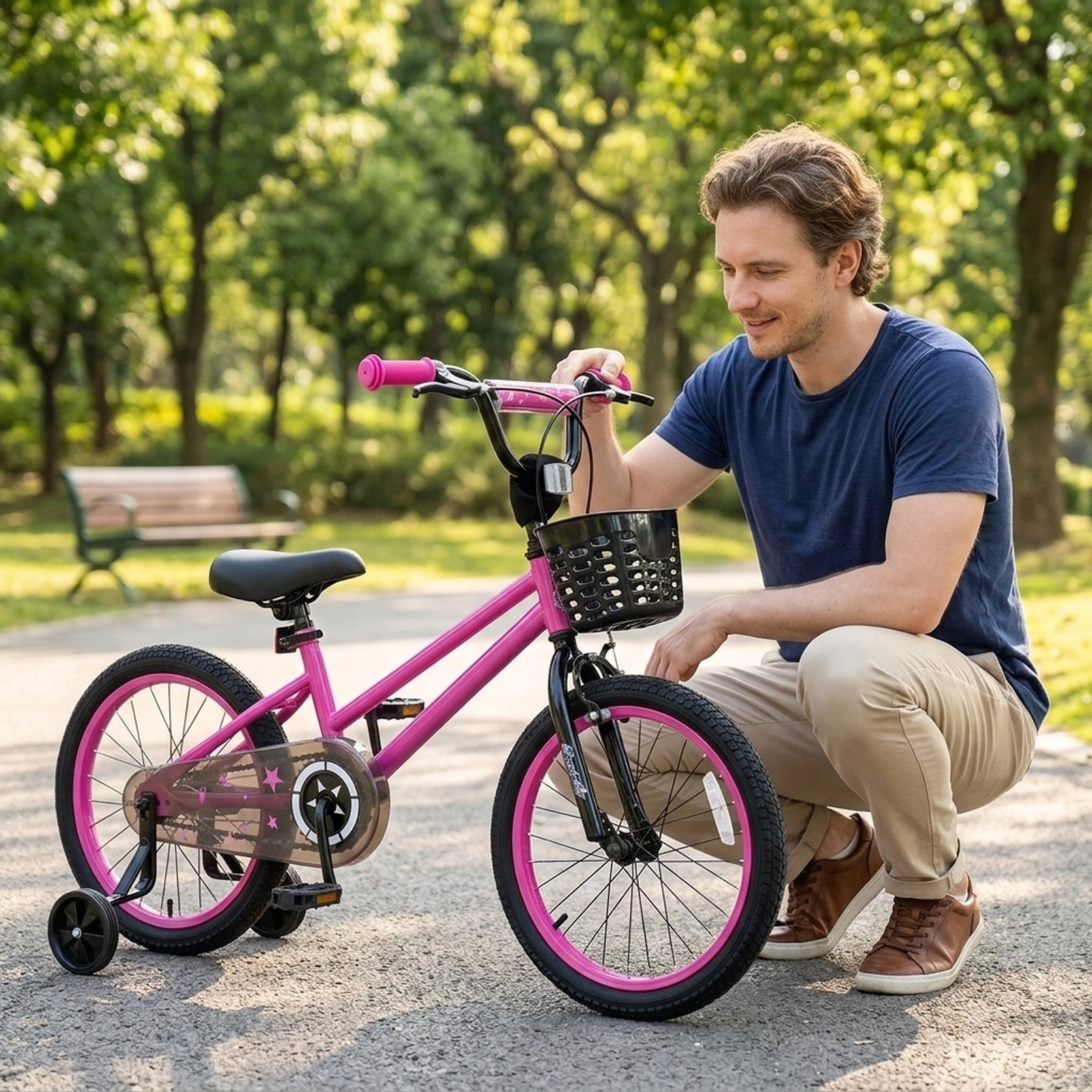 16-in Kids Bike Front Basket Adjustable Seat and Removable Training Wheels Hand Brake and Coaster Brake Ages 4-7 Pink