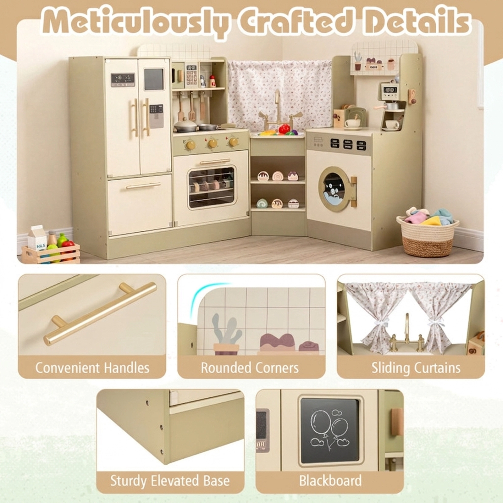 SUGIFT Green Faucet Dishwasher Coffee Machine and 21 Accessories Kids Corner Play Kitchen