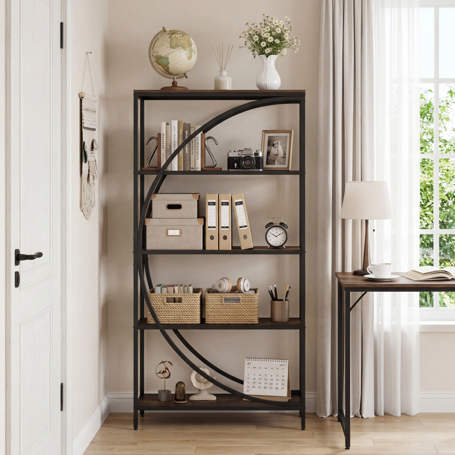 LJG 5-Tier Bookshelf with Half-Moon Shape for Living Room and Home Office