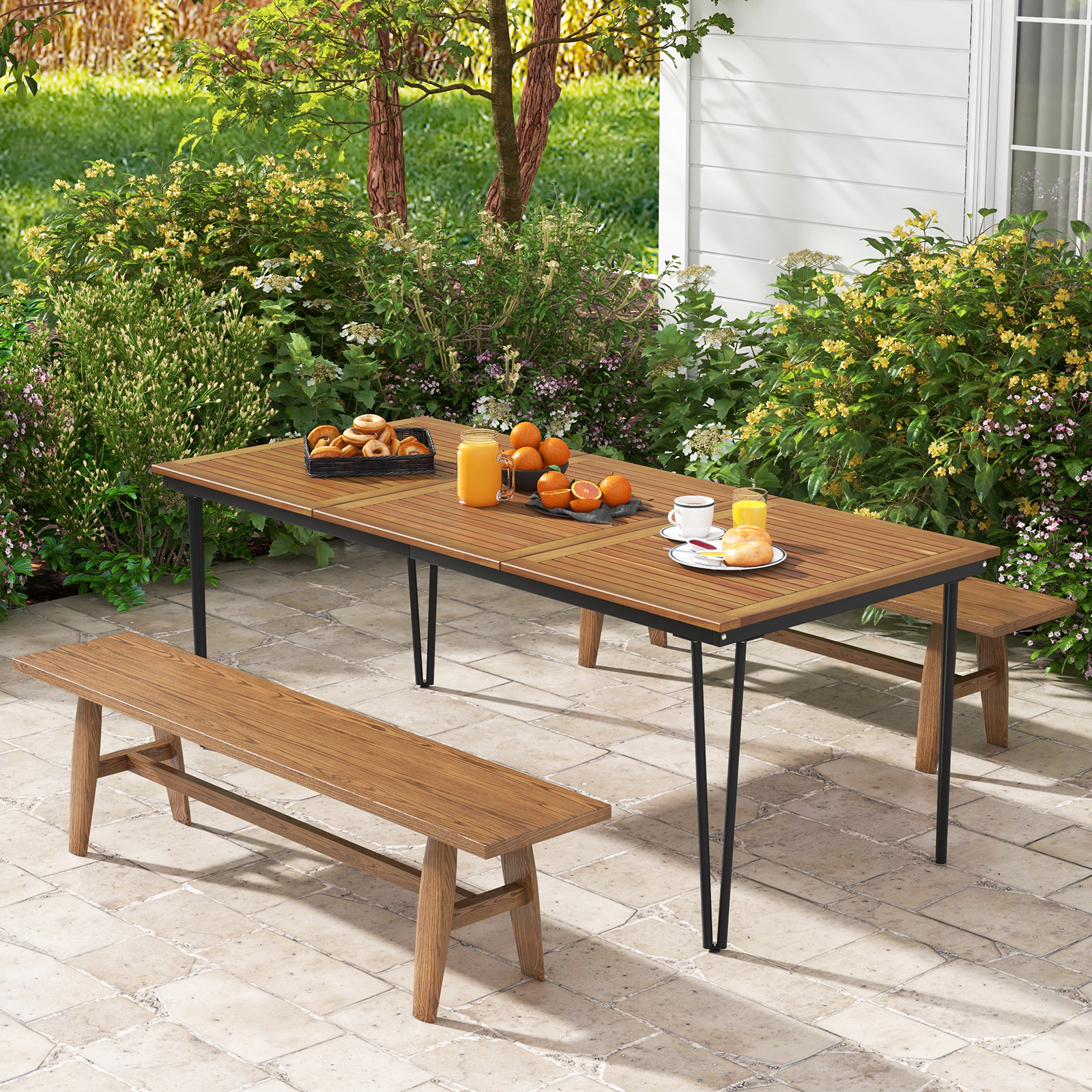 SUGIFT 79-in Slatted 8-Person Outdoor Dining Table with 1.9-in Umbrella Hole 165-lb Capacity Natural & Black