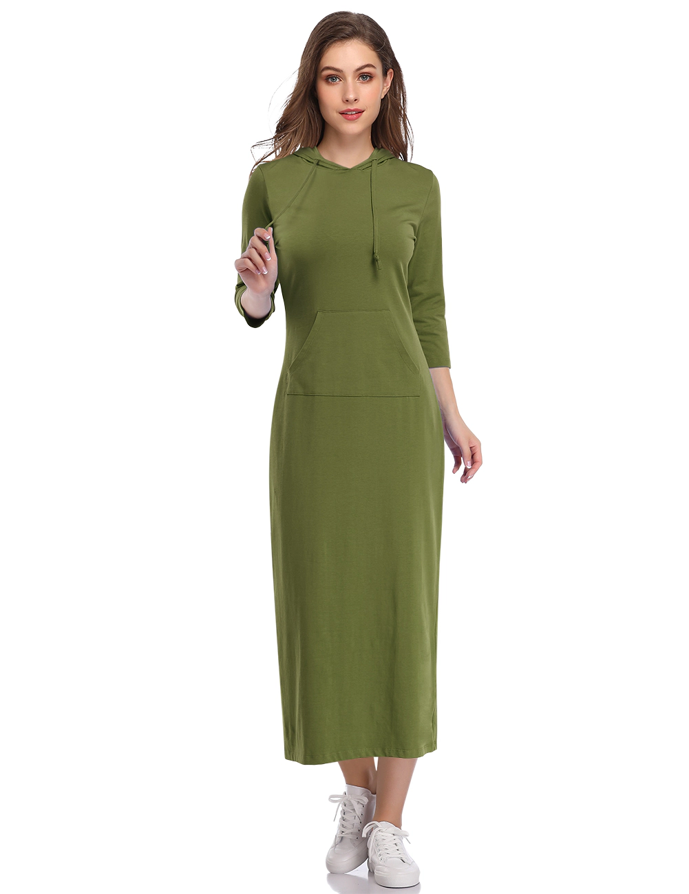 KOJOOIN Women's Casual Long Sleeve Pullover Maxi Skirt Dress Slim Hooded Sweatshirt with Pockets