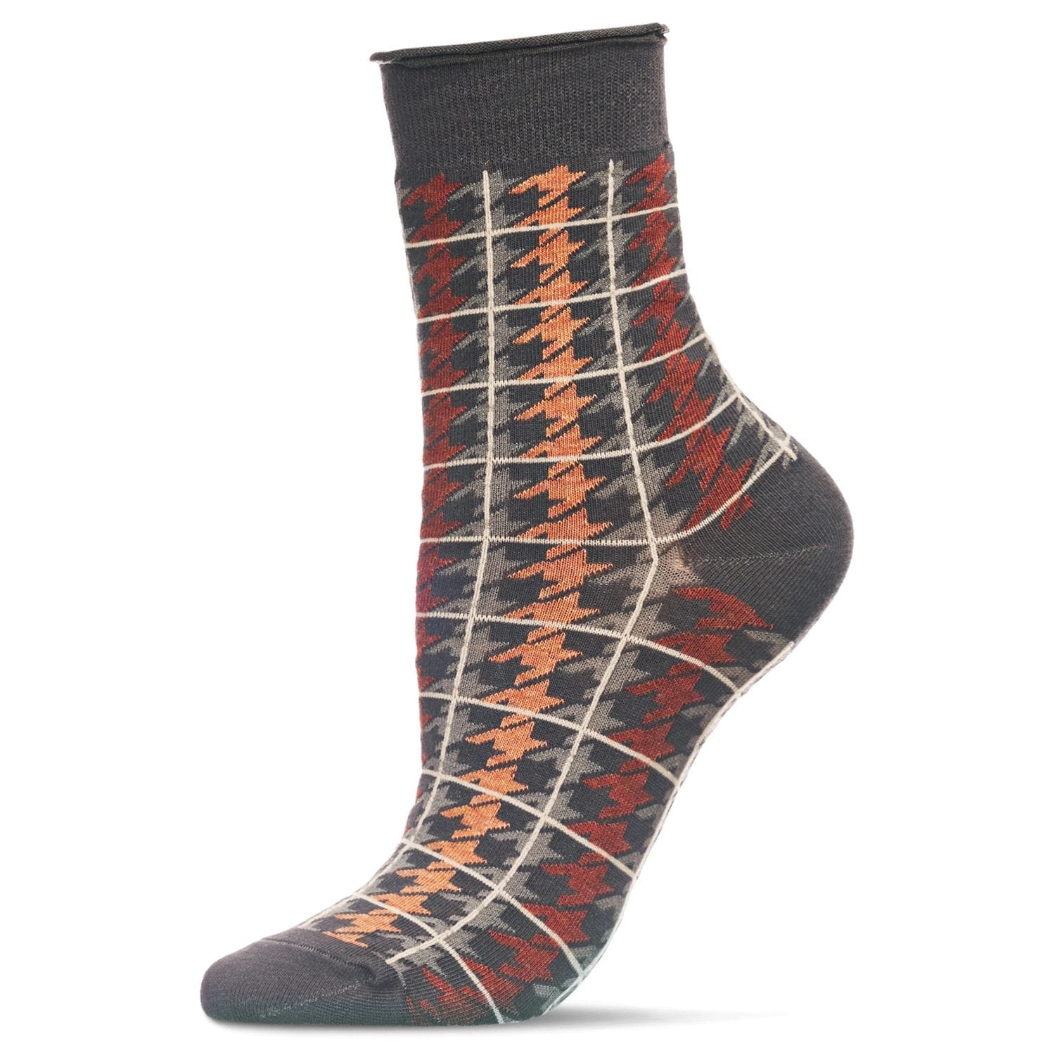 MeMoi Women's Houndstooth Plaid Roll Cuff Crew Socks