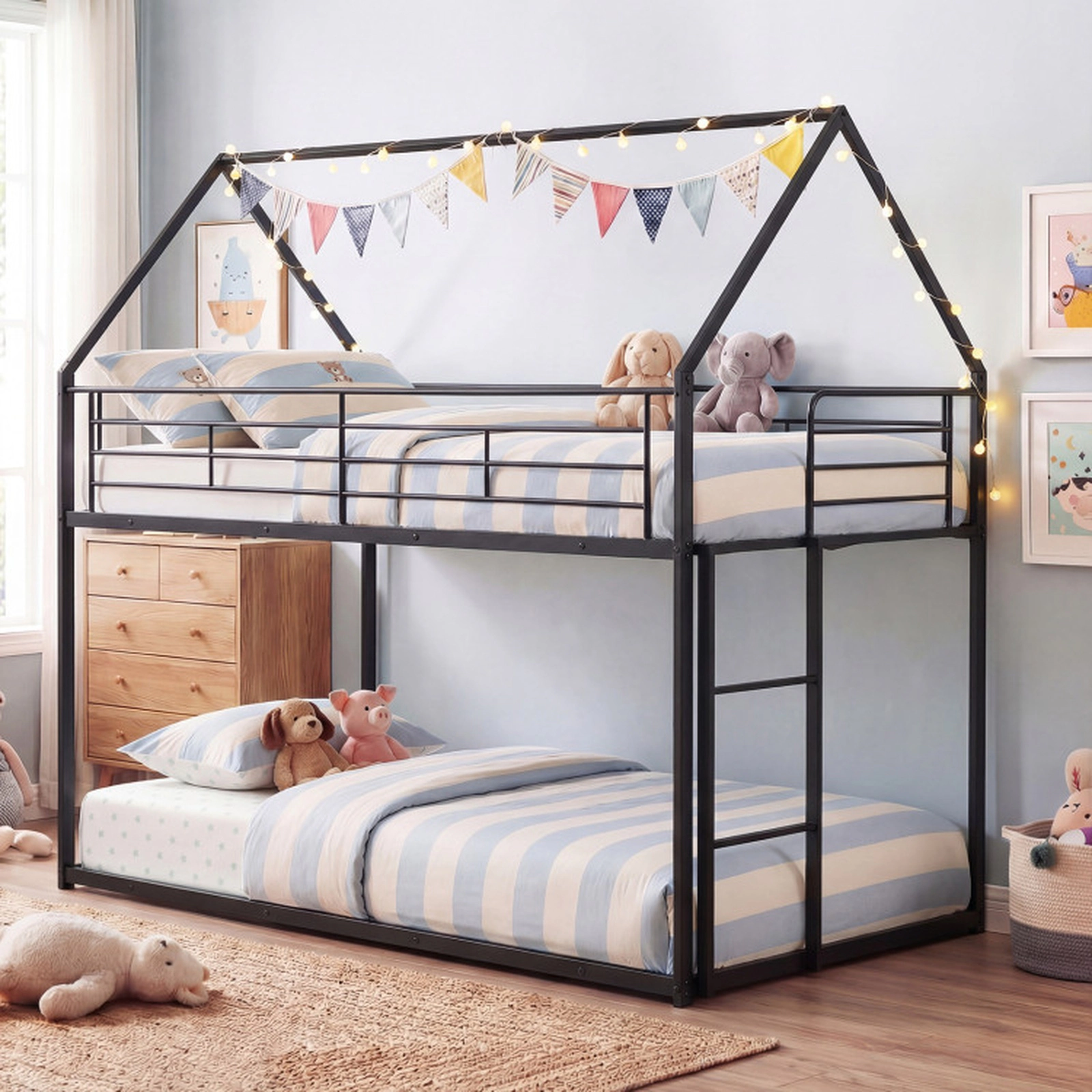 SUGIFT Black House Roof Frame and Ladder 400-lb Twin Over Twin Kids Metal Bunk Bed