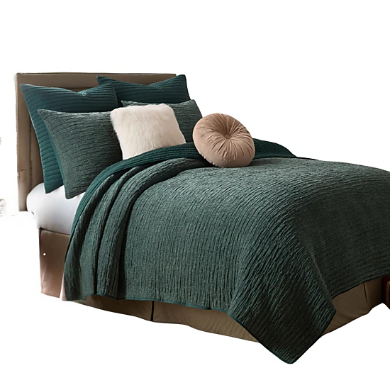 Greenland Home Fashion Velvet Crush Chenille Microfiber Back Poly Fill Quilt Set 3-Piece Full/Queen Forest
