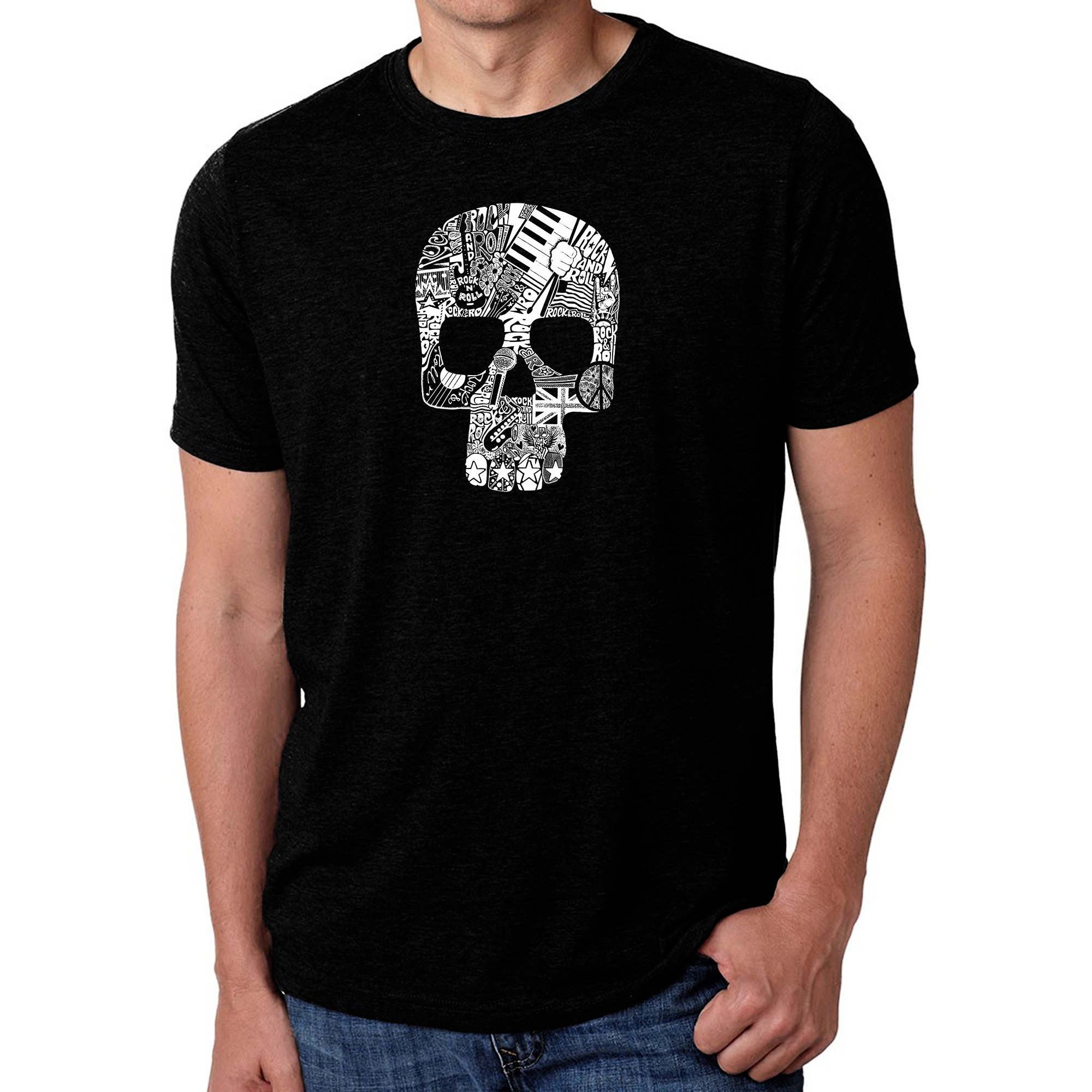 LA Pop Art Men's Cotton/Poly Blend Word T-Shirt - Rock n Roll Skull