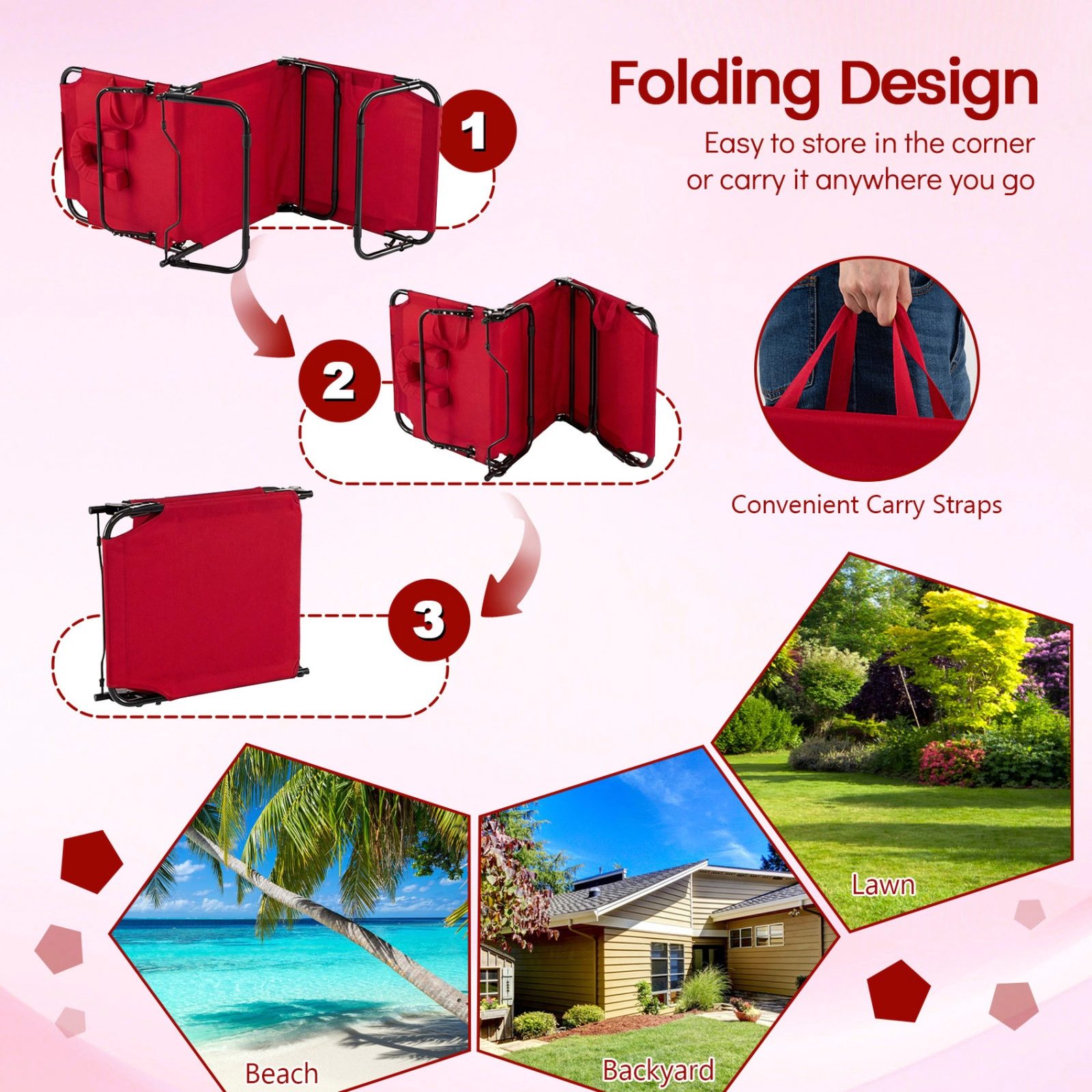 SUGIFT Adjustable Folding Face Down Tanning Chair with Face Hole & 3 Removable Pillows 330-lb Capacity 76.5-in Frame Red