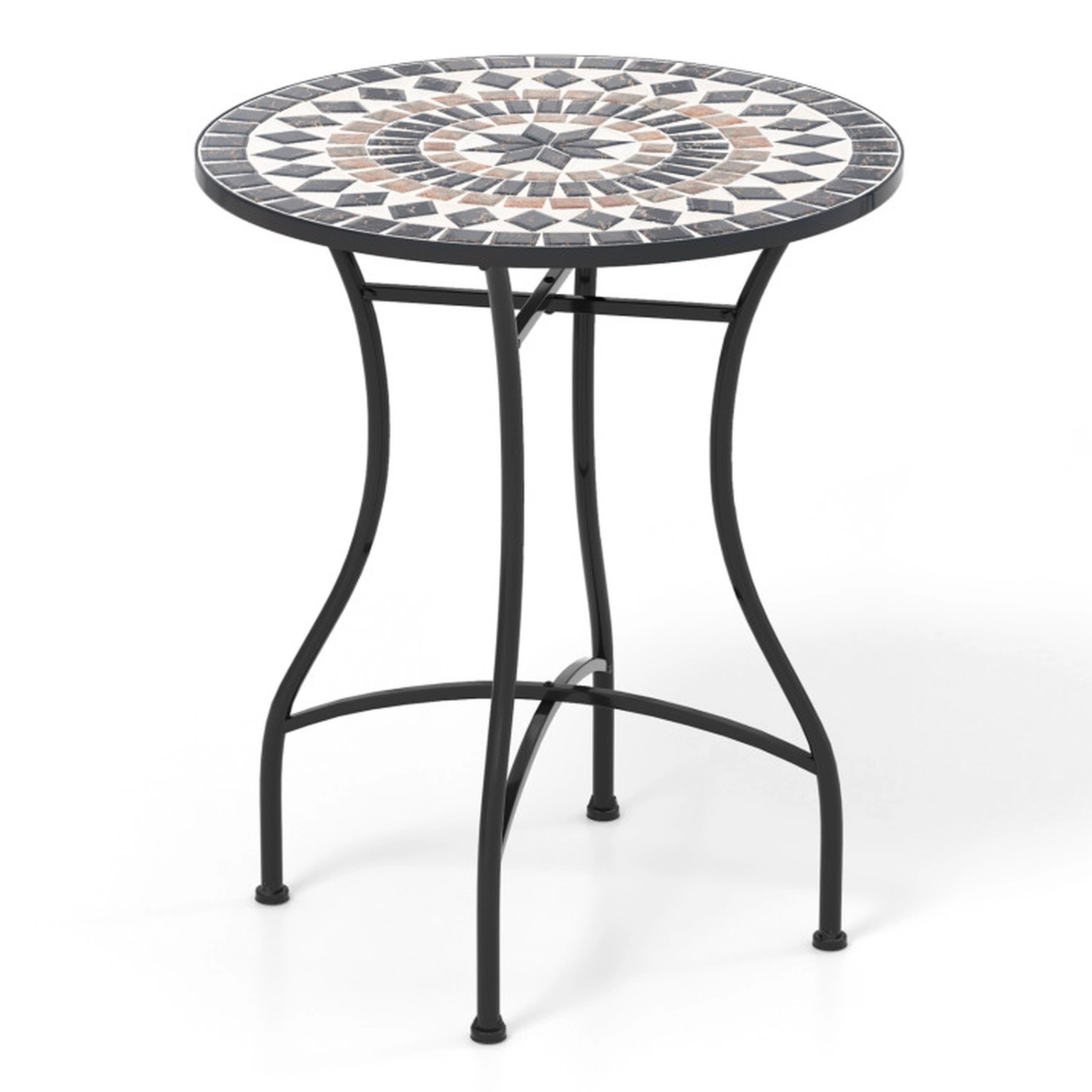 SUGIFT 24-Inch Black Round Outdoor Bistro Table, Ceramic Mosaic Tile Top, Metal X-Frame