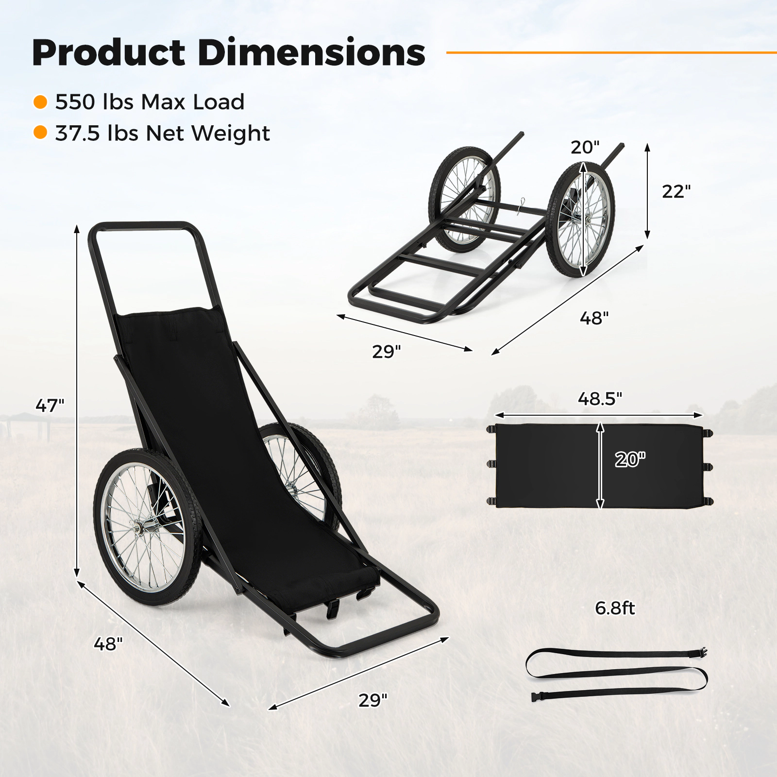 SUGIFT Folding Deer Game Cart with Polyester Liner 550-lb Capacity Black