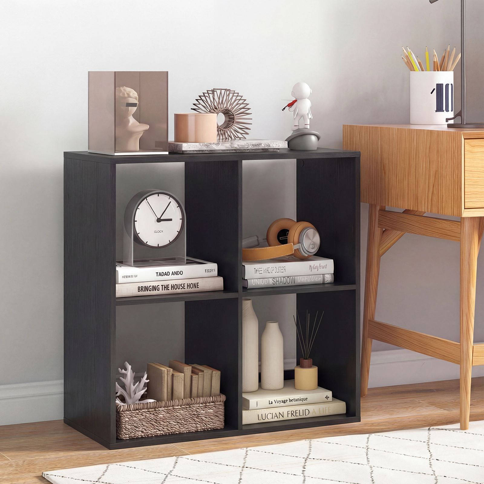 SUGIFT 4-Cube Bookshelf with Back Guardrail and 100-lb Tabletop