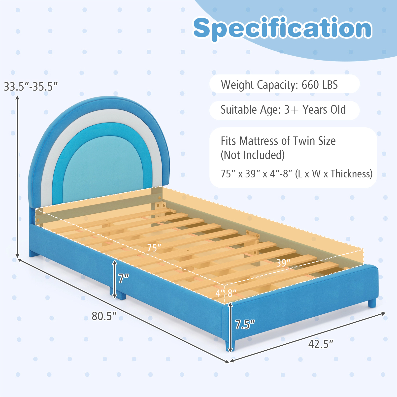 SUGIFT Height-Adjustable Twin Toddler Bed Frame Wooden Slats 660-lb Capacity Ages 3+ Gradient Pink Blue White & Pink