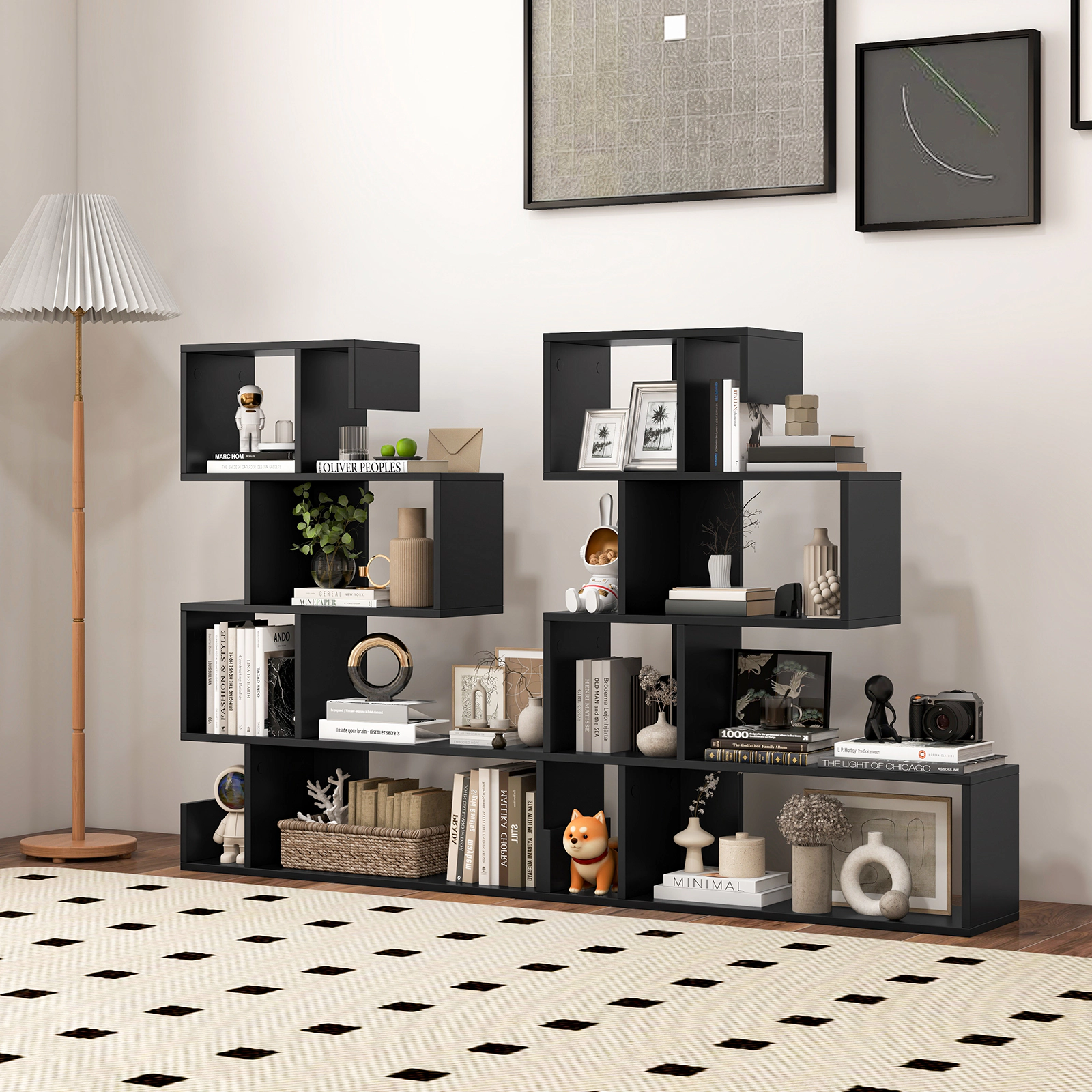 LJG 5-Tier S-Shaped Bookshelf Geometric Z-Shelf Bookcase with Open Cubes