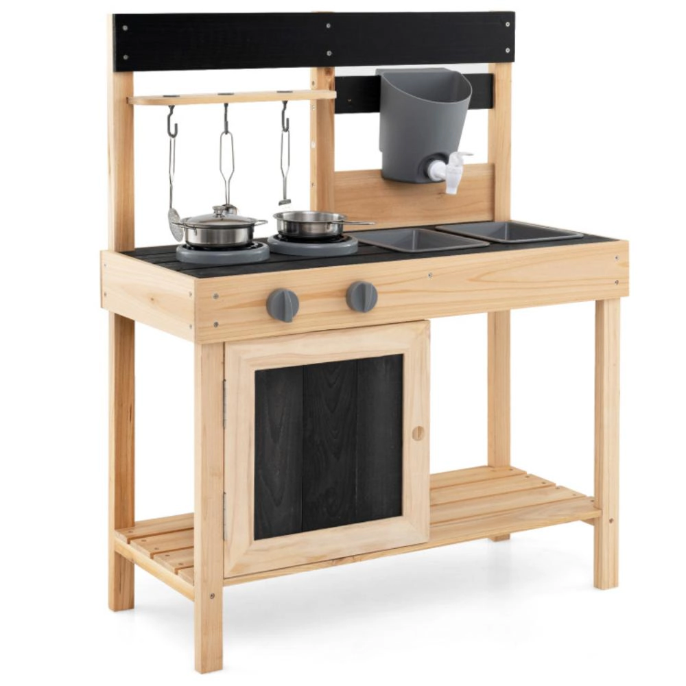 Hivvago Mud Kitchen Playset Kids Play Kitchen Outdoor with 2 Removable Sinks-Natural