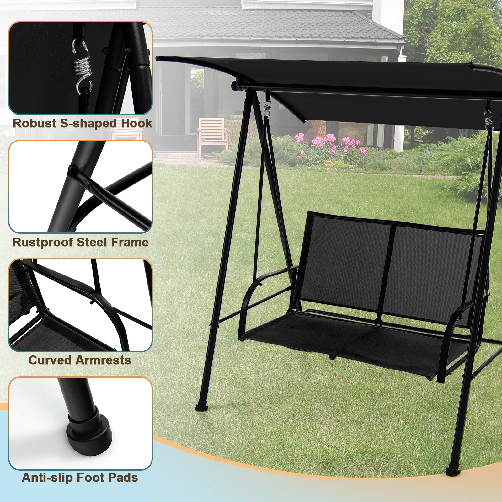 LJG 2-Seat Outdoor Canopy Swing with Comfortable Fabric Seat and Heavy-Duty Metal Frame