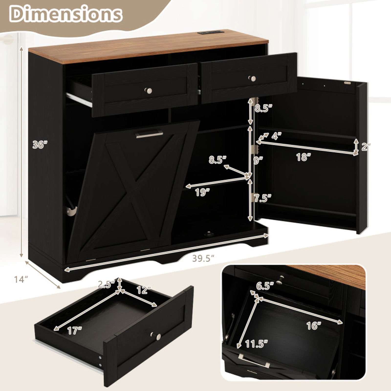 SUGIFT 39.5-in Black 100-lb Top Tilt Out Trash Can Cabinet with 2 Outlets 2 USB Ports and Adjustable Shelf