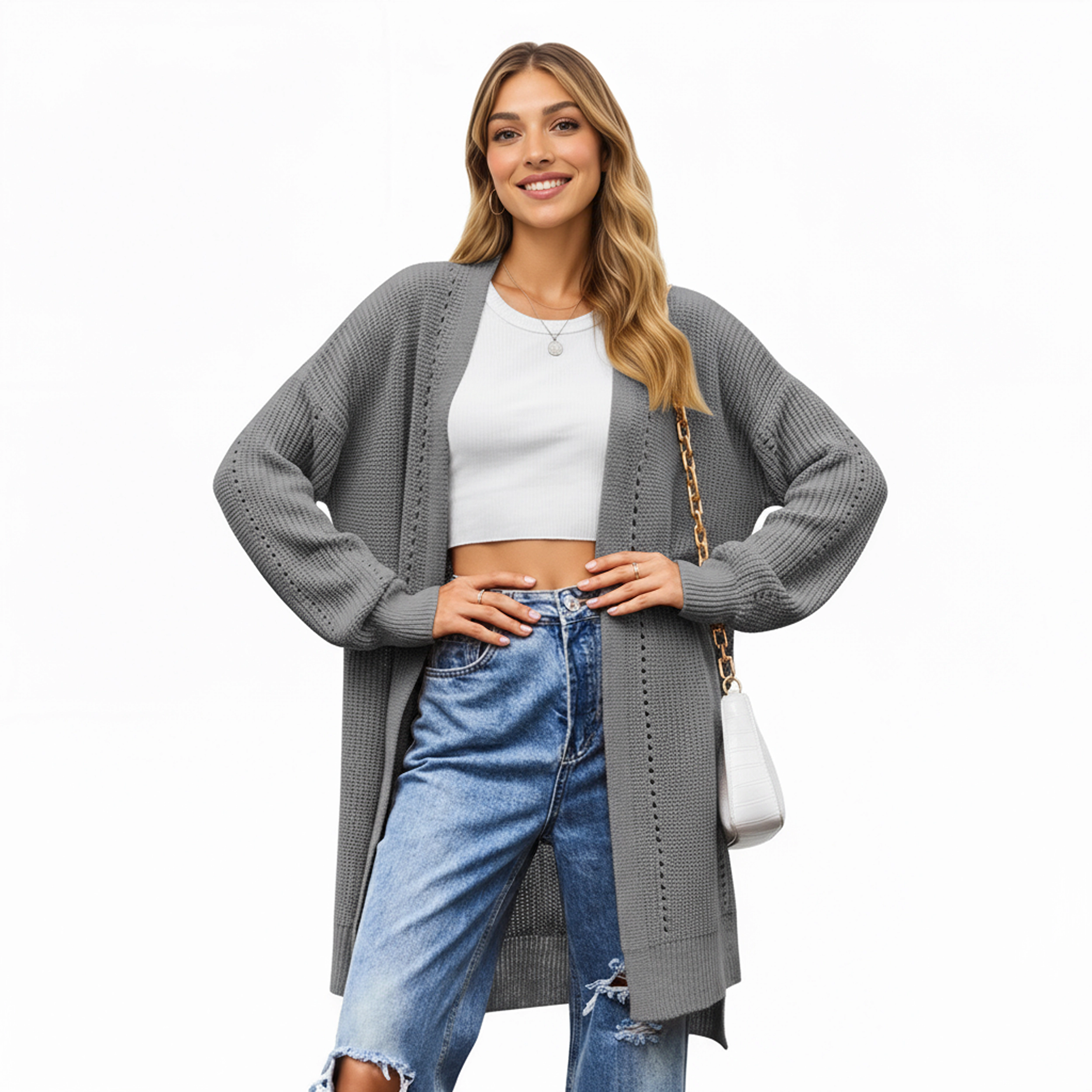 Anna-Kaci Women's Open Front Knit Cardigan with Relaxed Fit and Textured Detailing