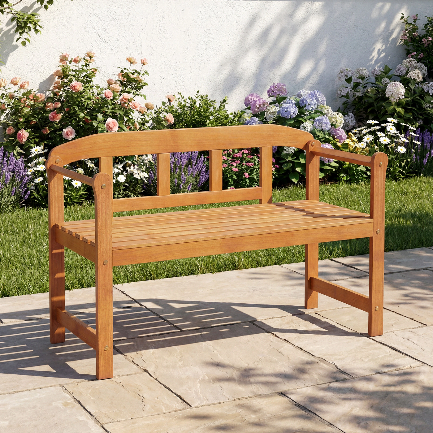LJG 2-Seater Outdoor Acacia Wood Garden Bench with Backrest & Armrests
