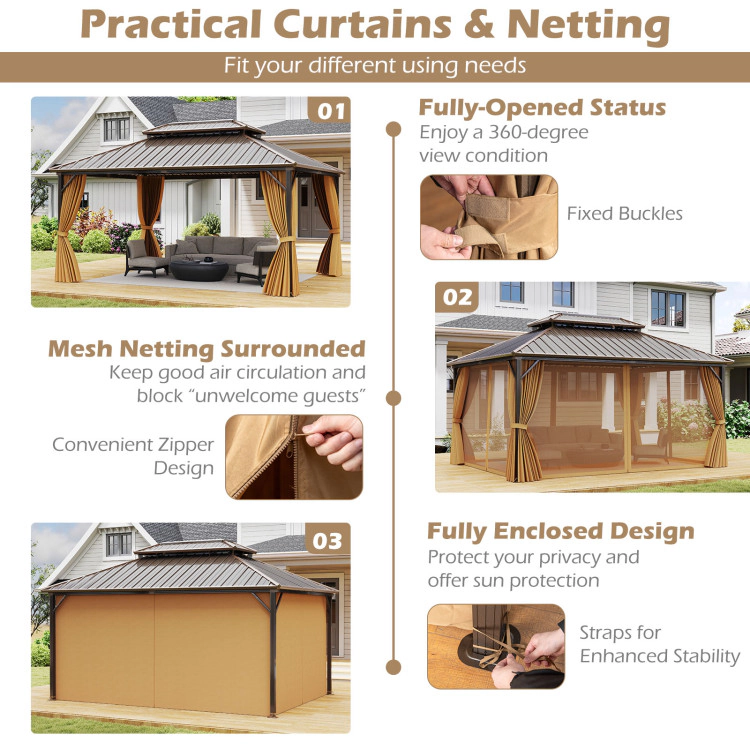 Hivvago 16 x 12 Feet Hardtop Gazebo Aluminum Frame Permanent Pavilion with Curtains and Netting