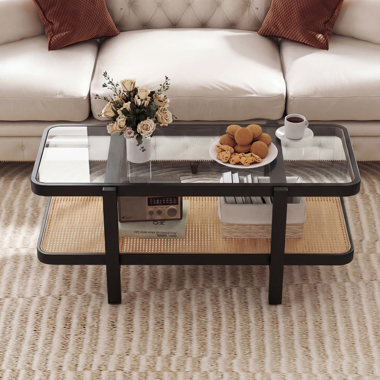 Glintex 2-Tier 47.5-Inch Acacia Coffee Table with Full-Width Rattan Shelf