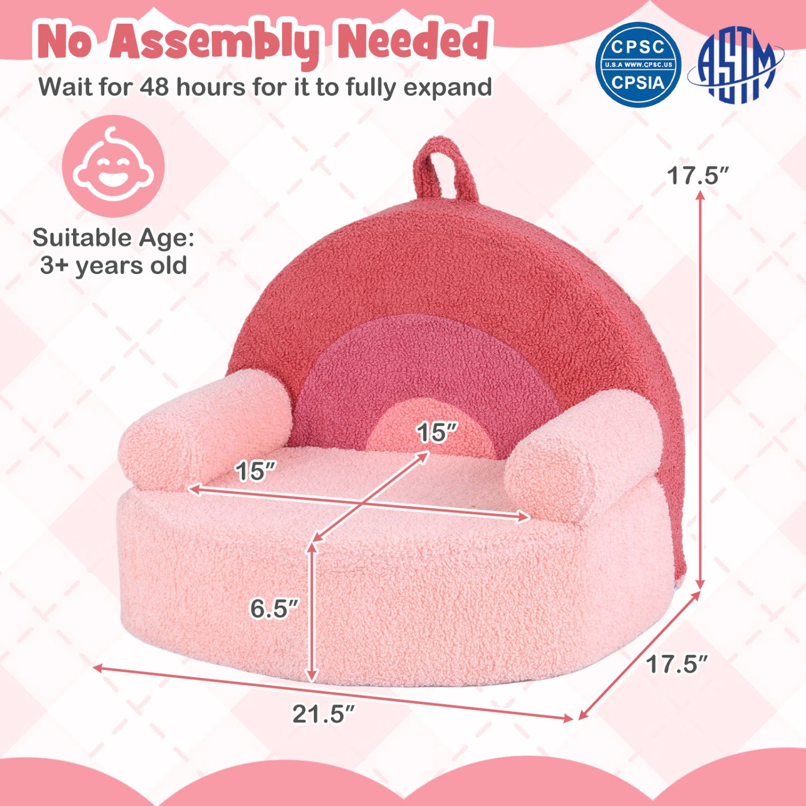 SUGIFT Pink Rainbow Back and Teddy Fleece Cover Kids Foam Couch Toddler Armchair