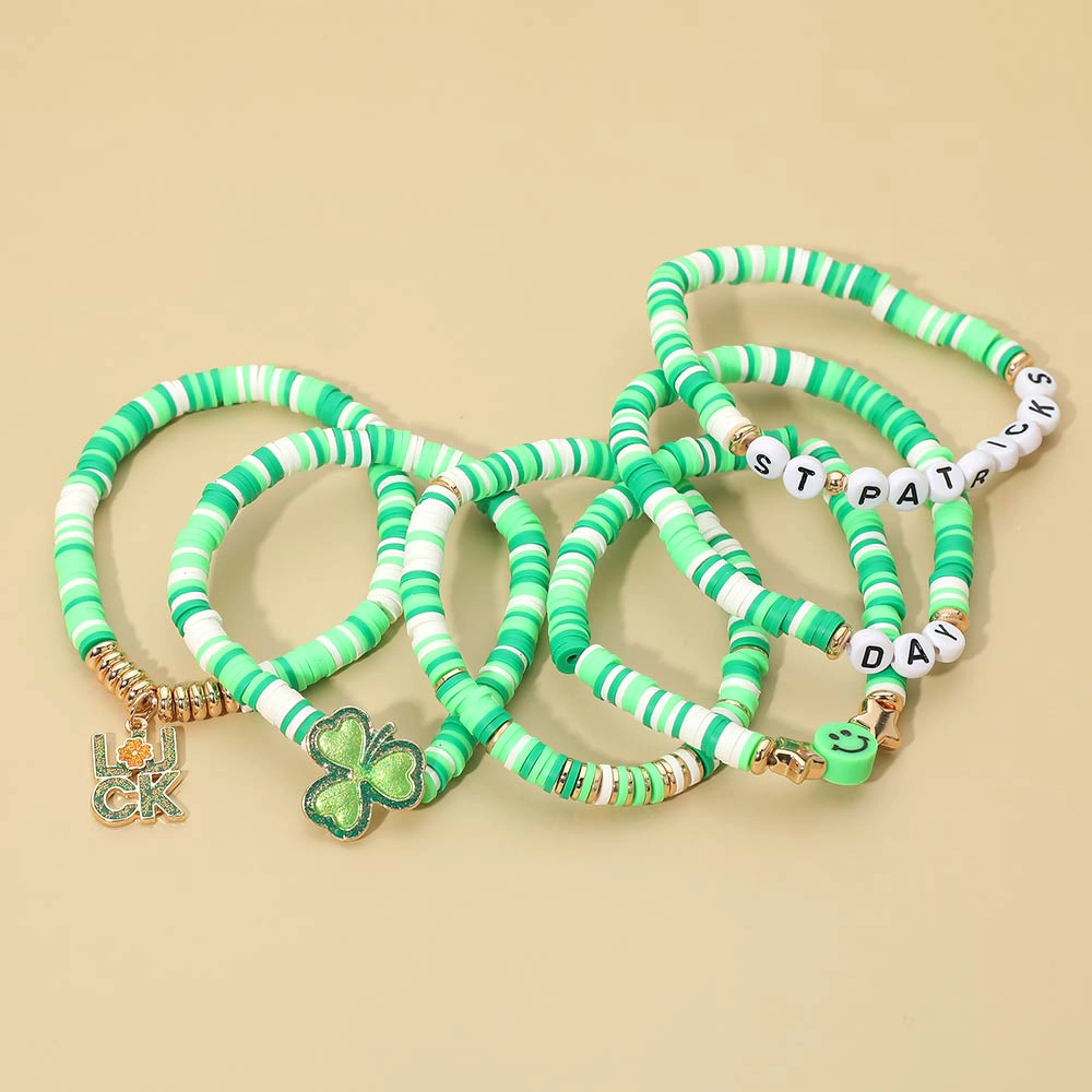 FASHNZFAB 6PCS - LUCK Charm Smile Face Clover ST PATRICKS DAY Heishi Beaded Stretch Multi Layered Bracelets
