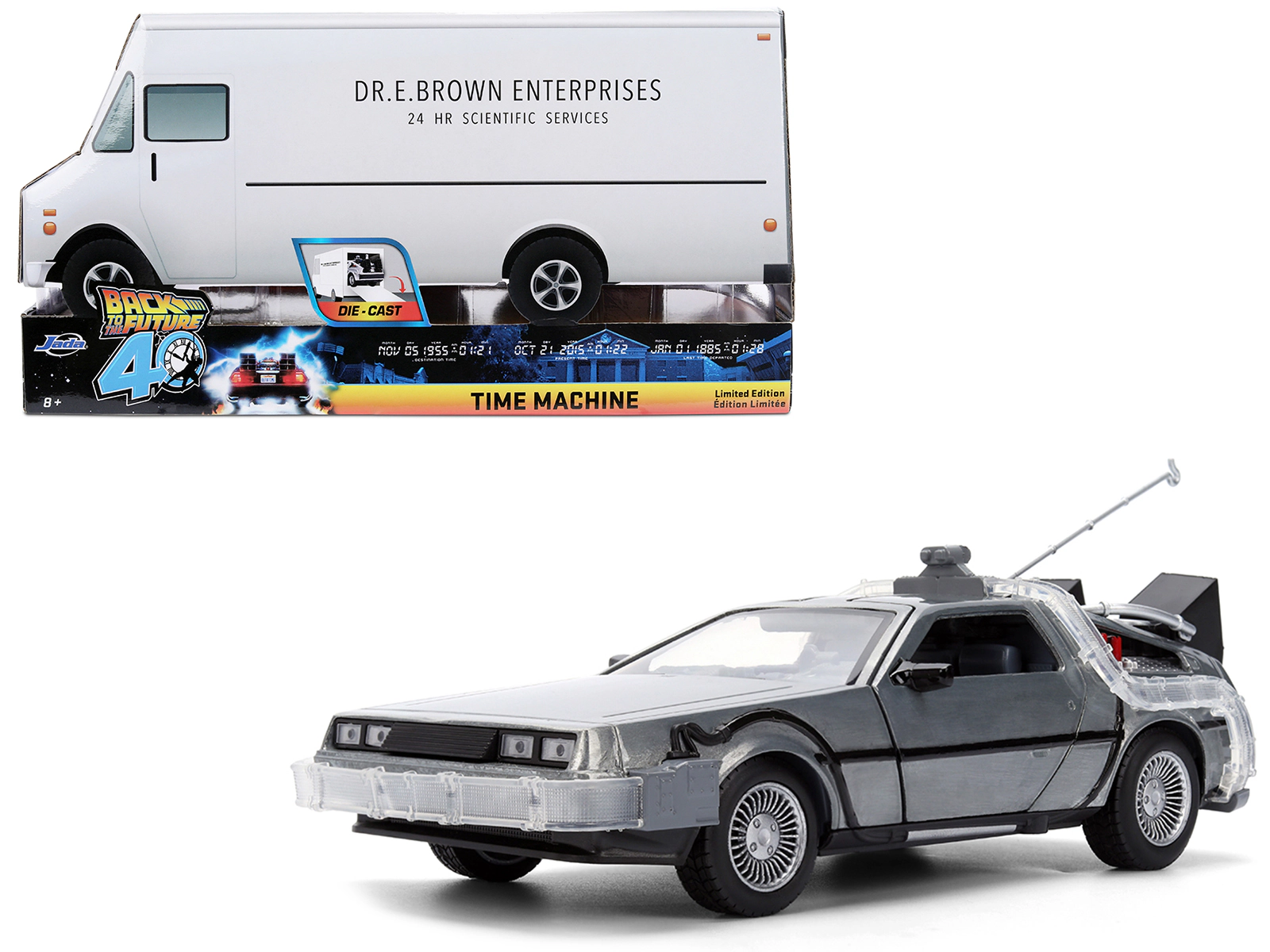 Jada DeLorean Brushed Metal Time Machine with Lights "Back to the Future" (1985) Movie "40th Anniversary"