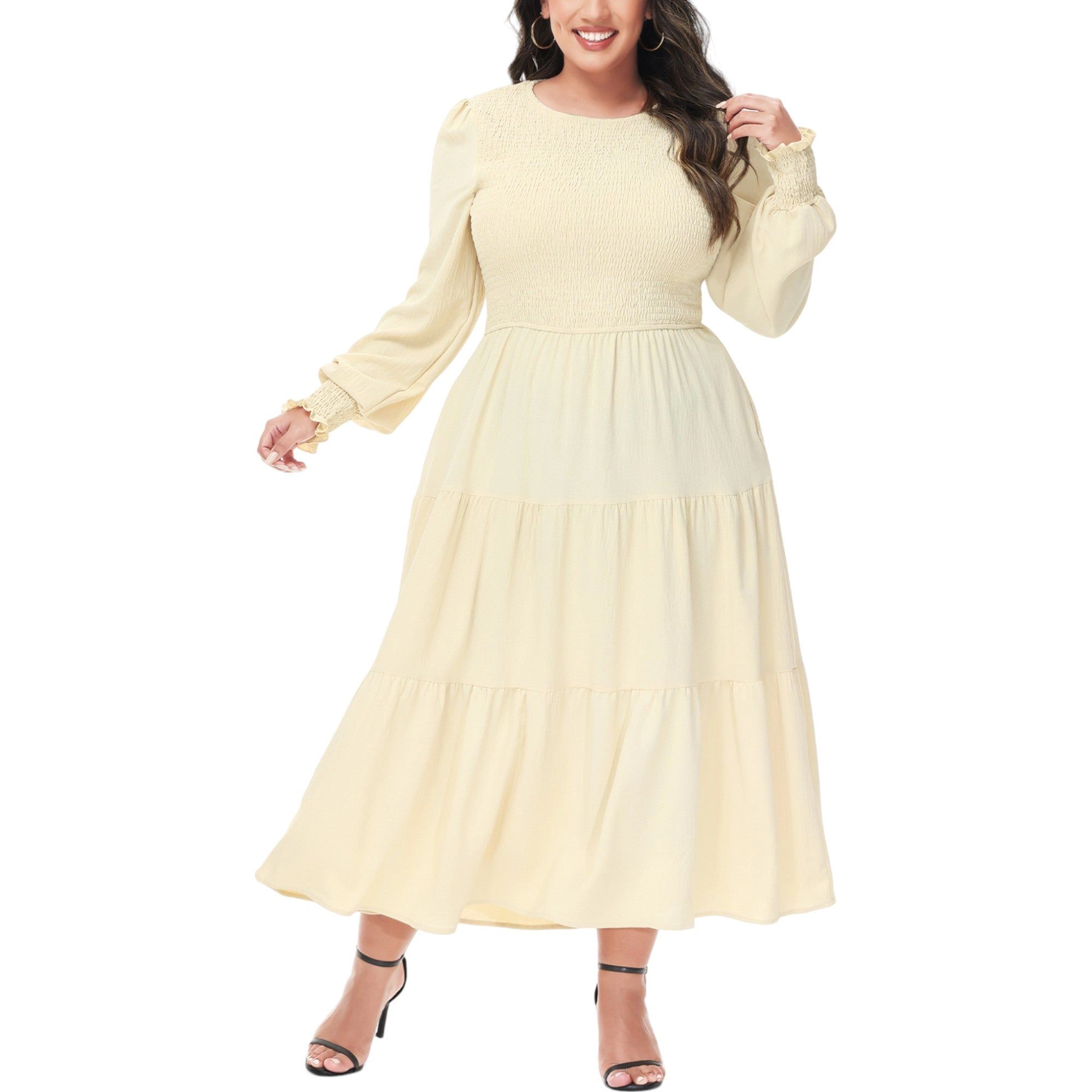 Anna-Kaci Womens Plus Smocked Chest Round Neck Flowy Tiered Maxi Dress