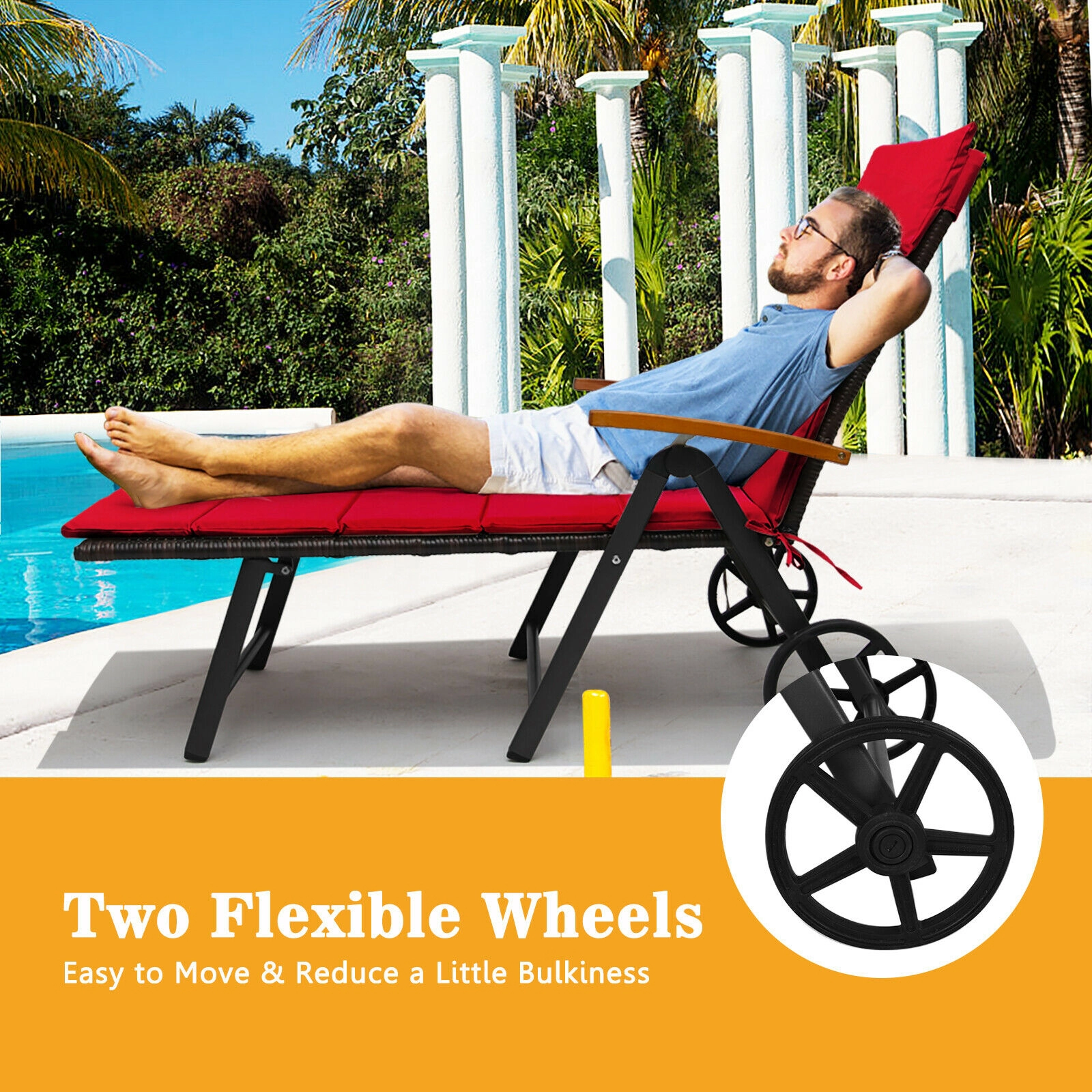 SUGIFT 10 in Wheels 7 Tilt Positions 385-lb Red Folding Patio Rattan Lounge Chair