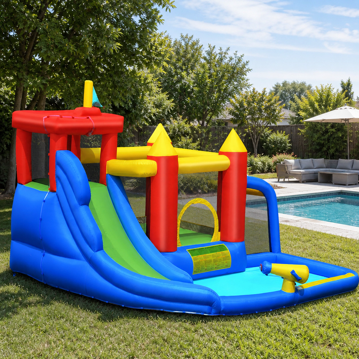 SUGIFT 11.4-ft Inflatable Bounce House with Water Slide Splash Pool and 740W Blower Included for Backyard