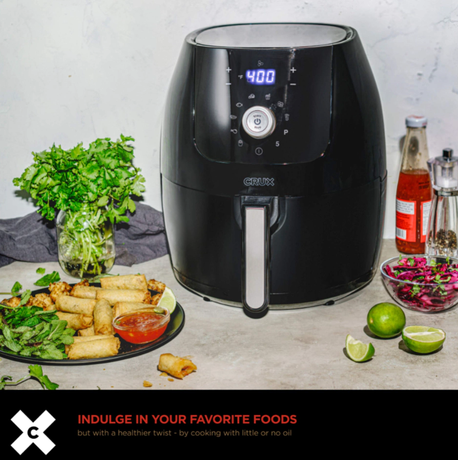 CRUX  Digital Air Fryer, 1700 Watts, 6 Quart, Carrying Handles, Energy Efficient, Non-Stick, Black