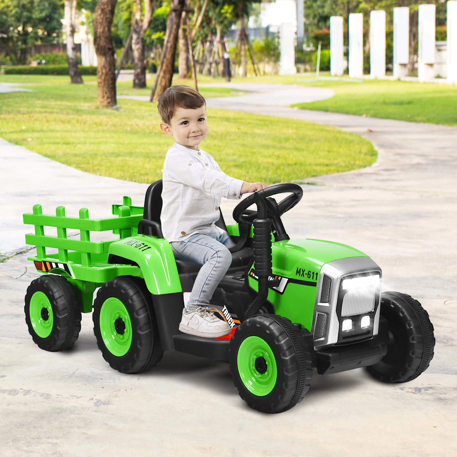 12V Kids Ride on Tractor Detachable Trailer 3-Gear Shift Handle 2.4G Remote LED Lights Ages 3+ 66-lb Capacity