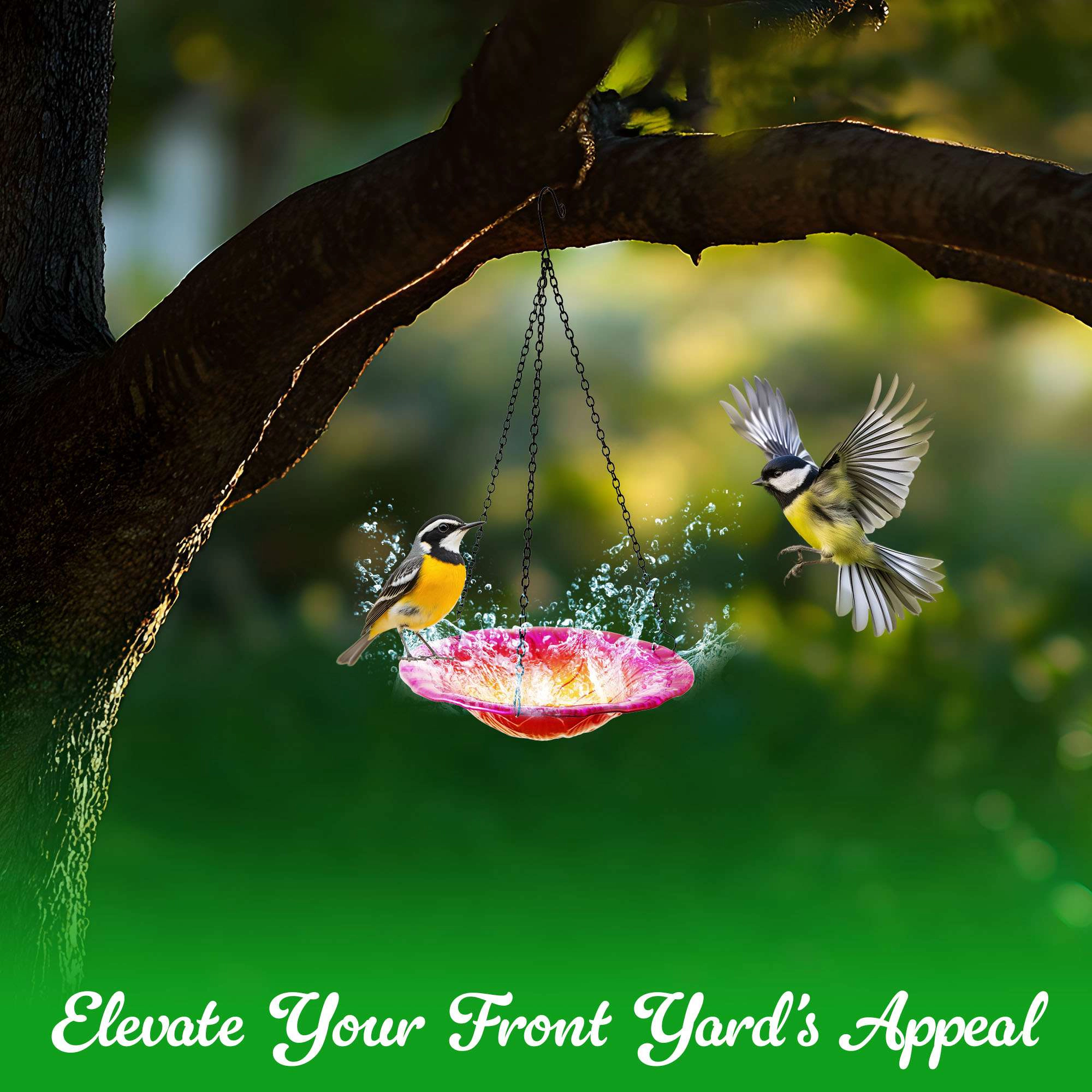 G128 8-inch Hanging Glass Bird Bath and Feeder, Pink Flower Design