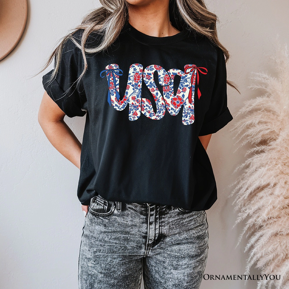 OrnamentallyYou Womens Floral USA Patriotic 4th Of July T-Shirt