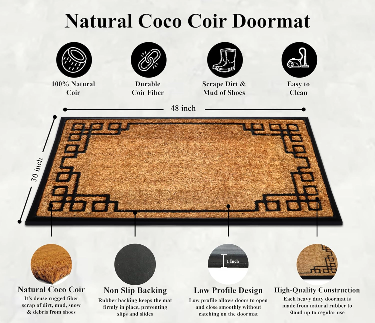 A1HC Coir and Rubber Door Mat 30x48 Inches Heavy Duty Non-Slip Dirt-Trapping Plain Key Greek