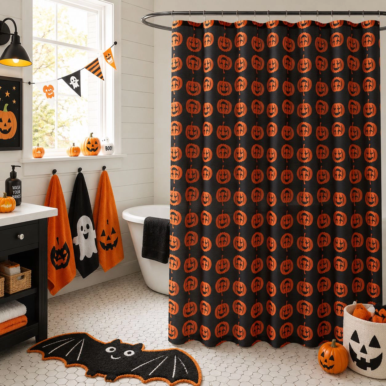 Kate Aurora Halloween Accents Black & Orange Spooky Jack O' Lanterns Fabric Shower Curtain