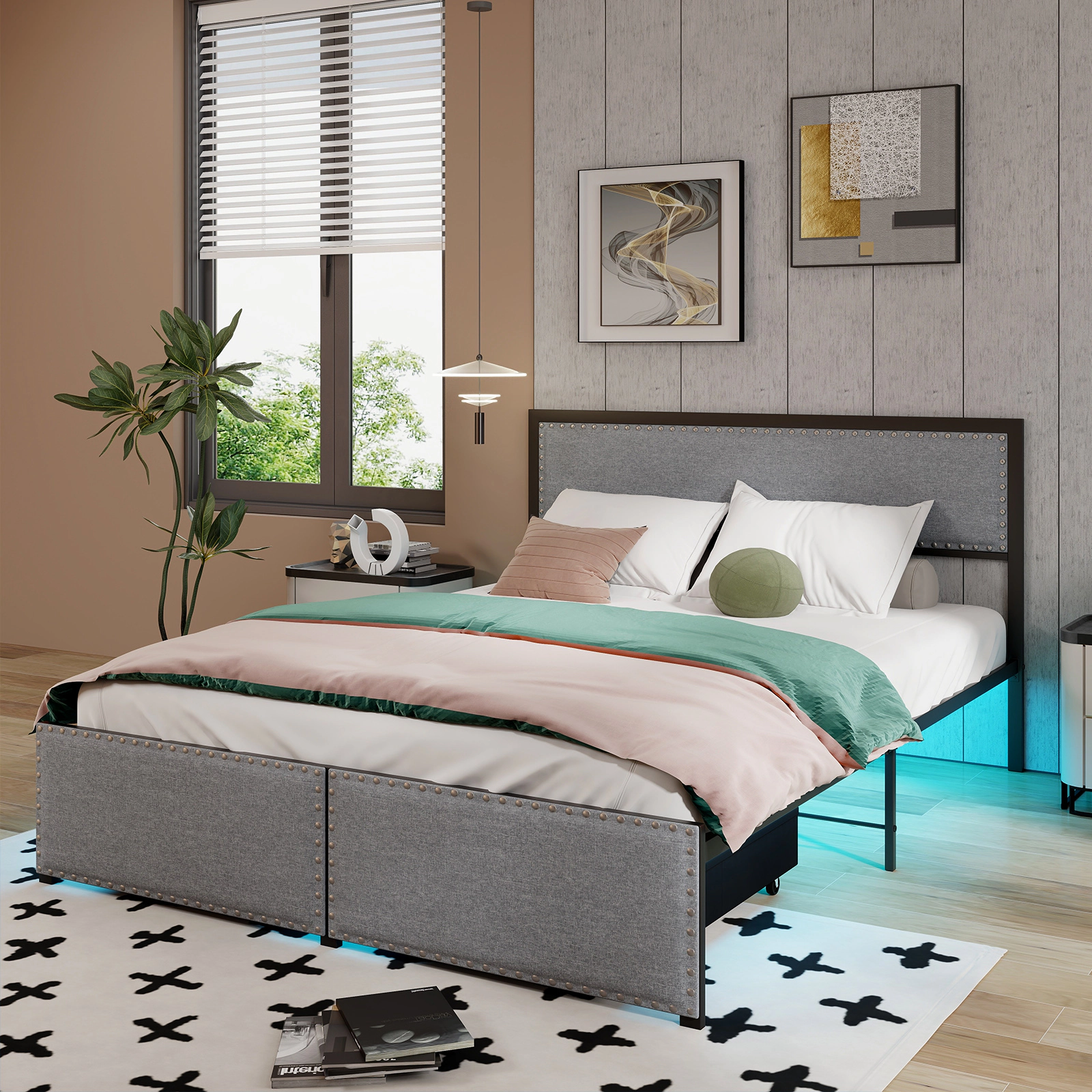 LJG Full/Queen/Twin Size Bed Frame with LED Lights Drawer and Metal Slats