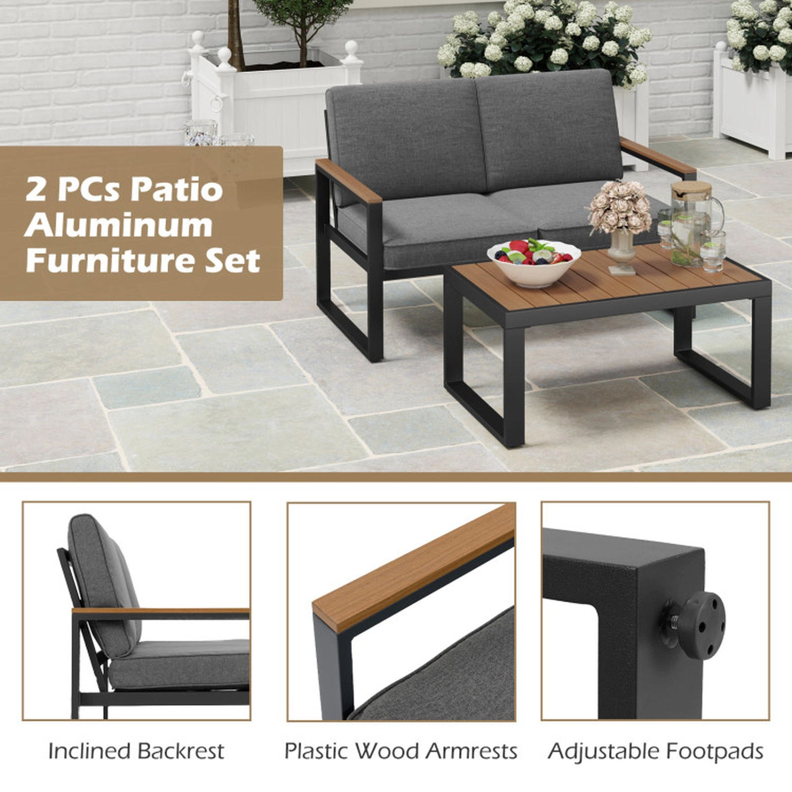 SUGIFT 2-Piece Gray Aluminum Patio Loveseat Set with Wood-Plastic Table 49-in W 29.5-in H 800-lb Loveseat Capacity