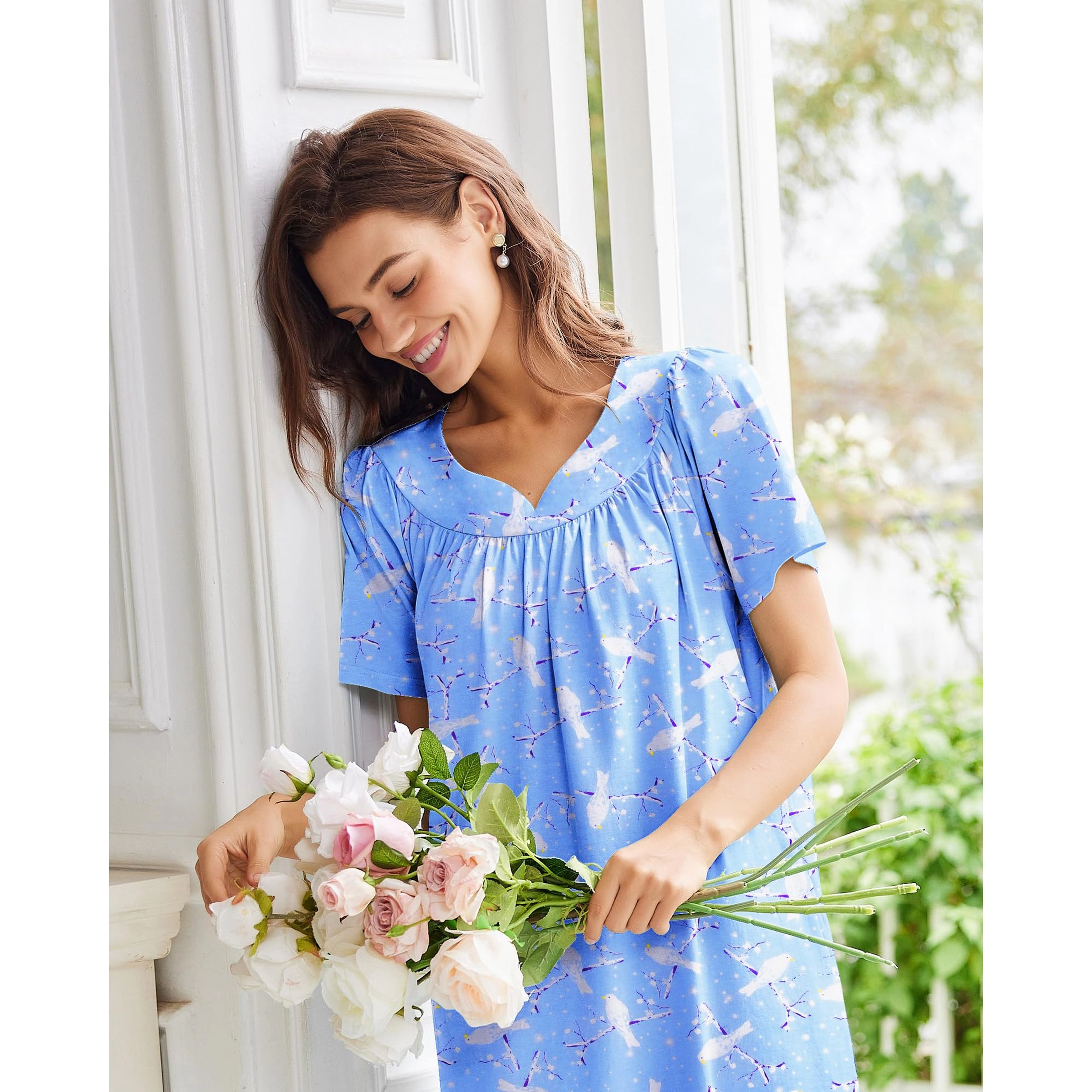Ekouaer Nightgowns for Women Cotton Nightgown House Dress with Pockets Short Sleeve Mumu